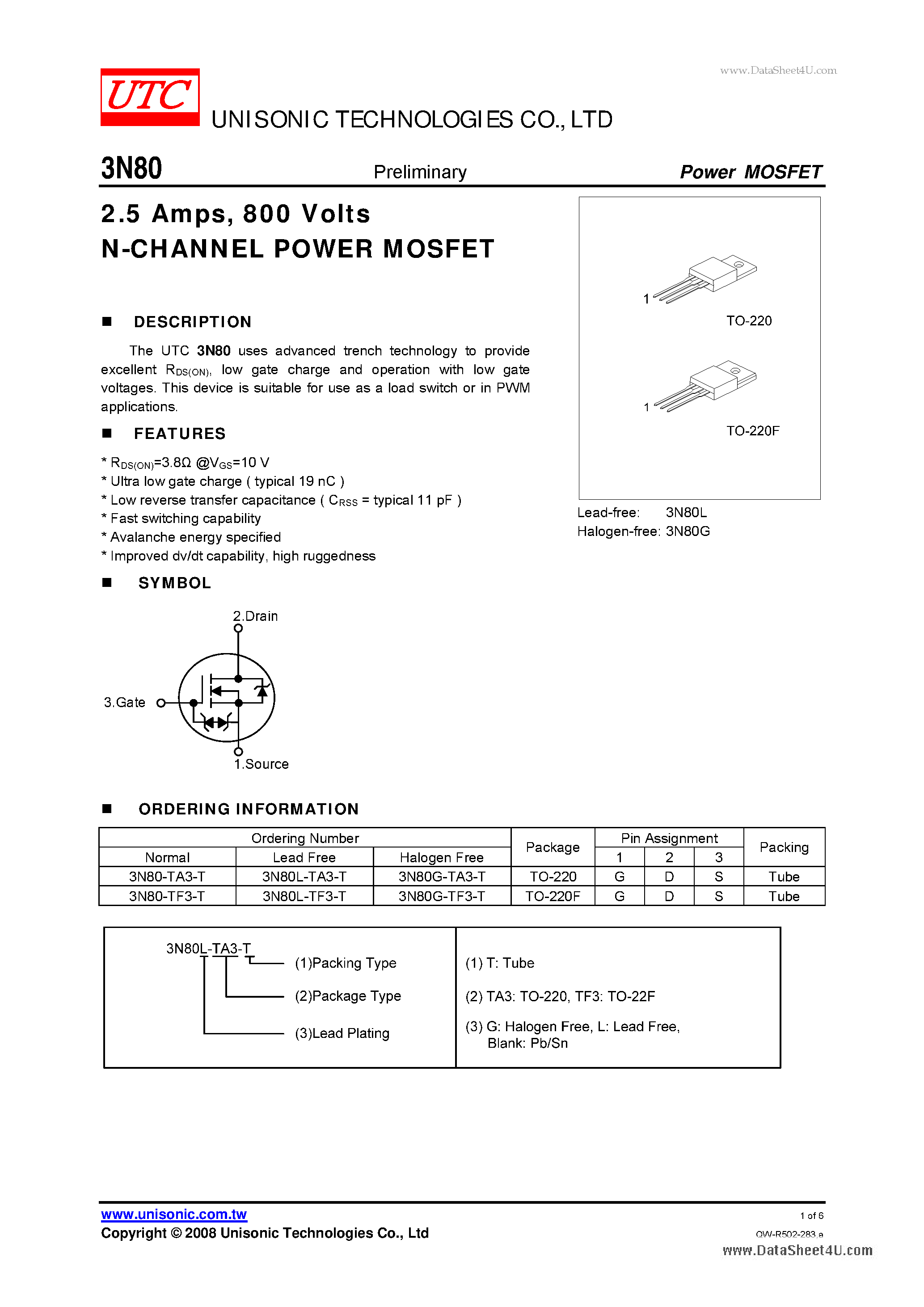 Даташит 3N80 - 800 Volts N-CHANNEL POWER MOSFET страница 1