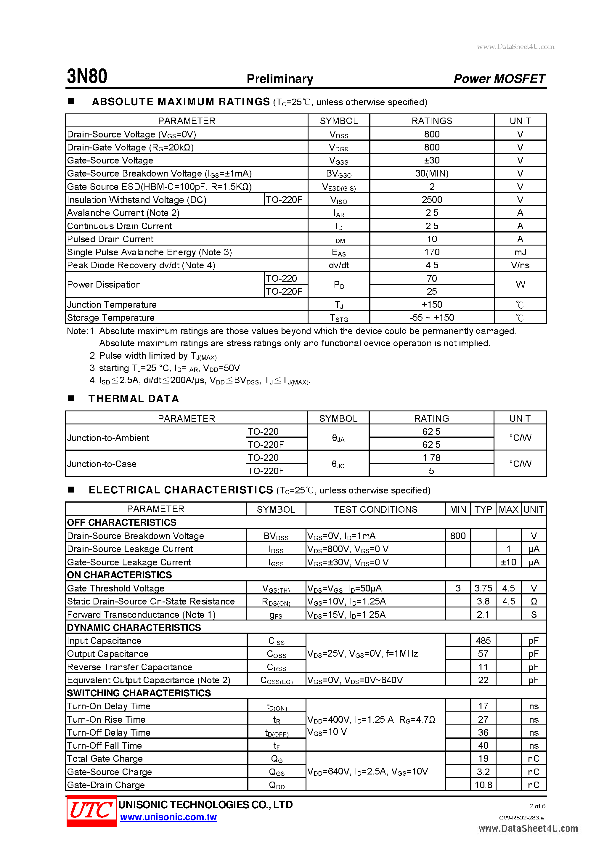 Даташит 3N80 - 800 Volts N-CHANNEL POWER MOSFET страница 2