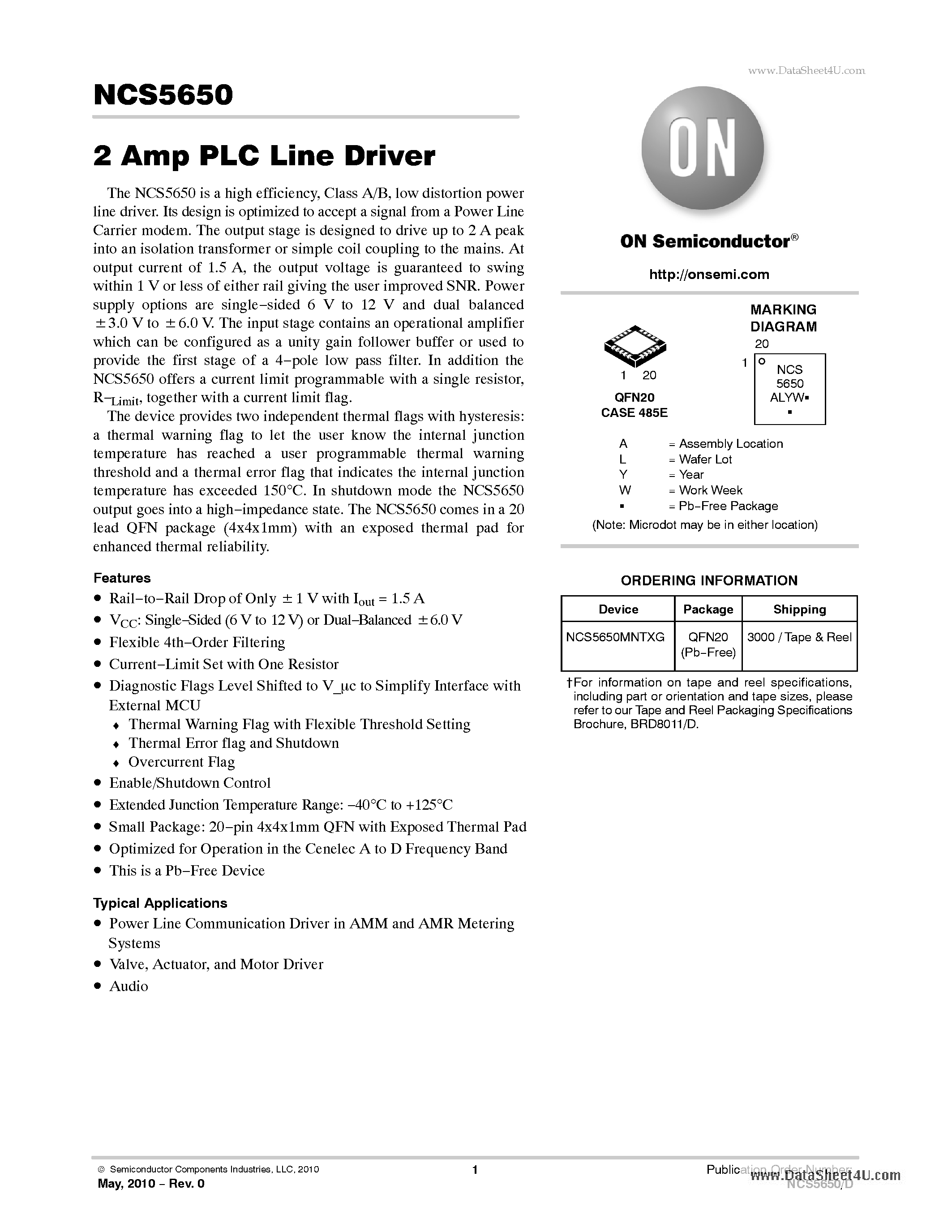 Даташит NCP51460 - 2.0 Amp PLC Line Driver страница 1