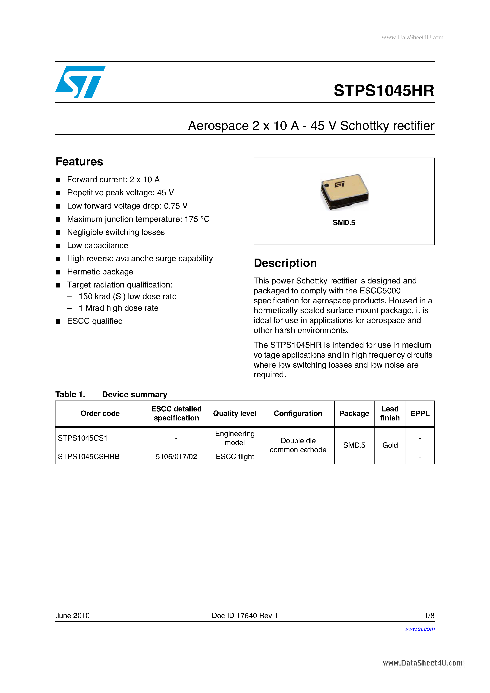 Даташит STPS1045HR - Aerospace 2 x 10A - 45V Schottky rectifier страница 1