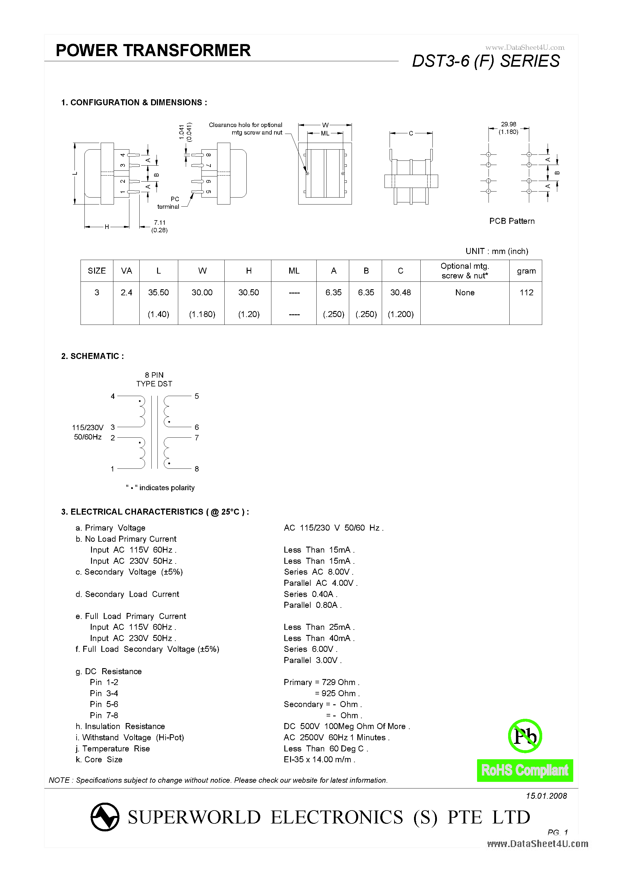 Даташит DST3-6 - POWER TRANSFORMER страница 1