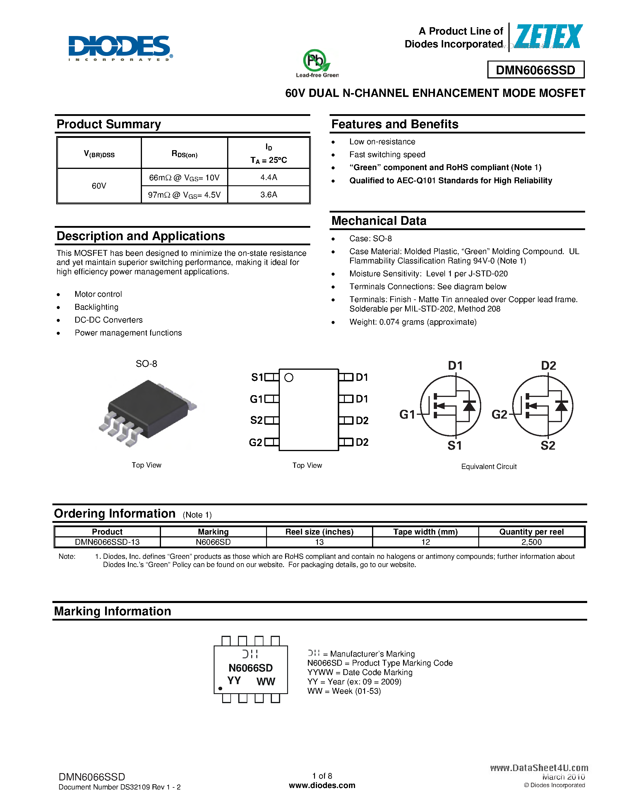 Даташит DMN6066SSD - 60V DUAL N-CHANNEL ENHANCEMENT MODE MOSFET страница 1