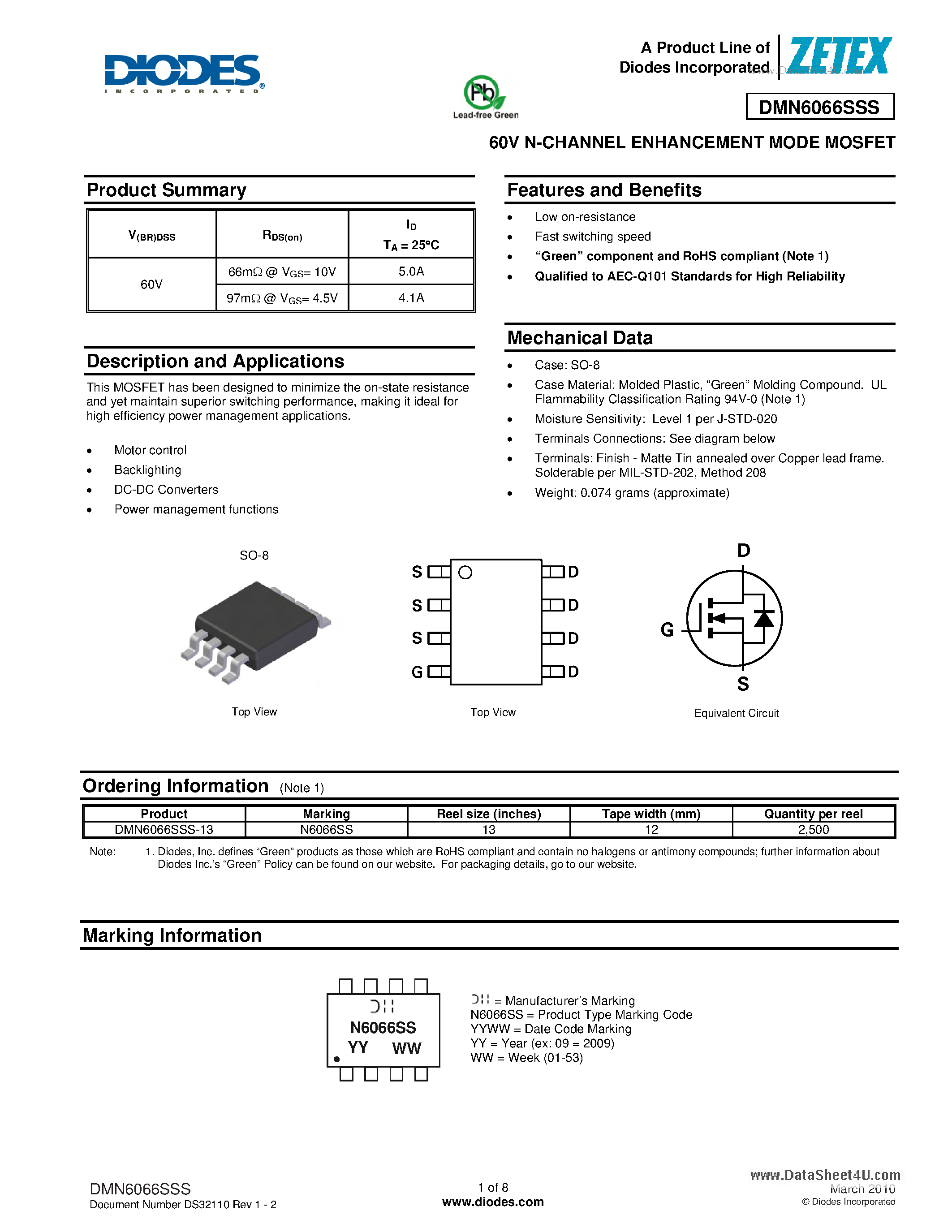 Даташит DMN6066SSS - 60V N-CHANNEL ENHANCEMENT MODE MOSFET страница 1