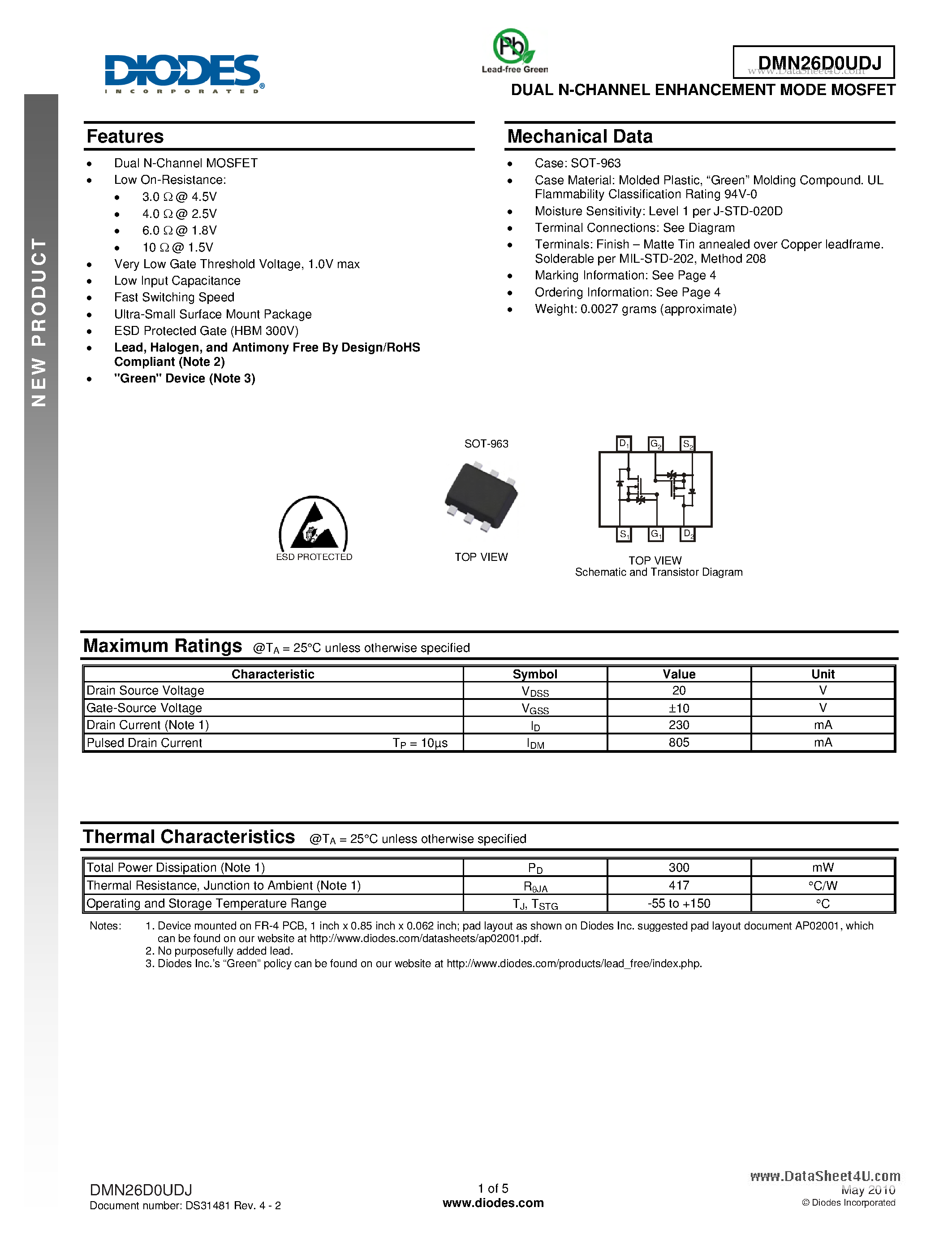 Даташит DMN26D0UDJ - DUAL N-CHANNEL ENHANCEMENT MODE MOSFET страница 1