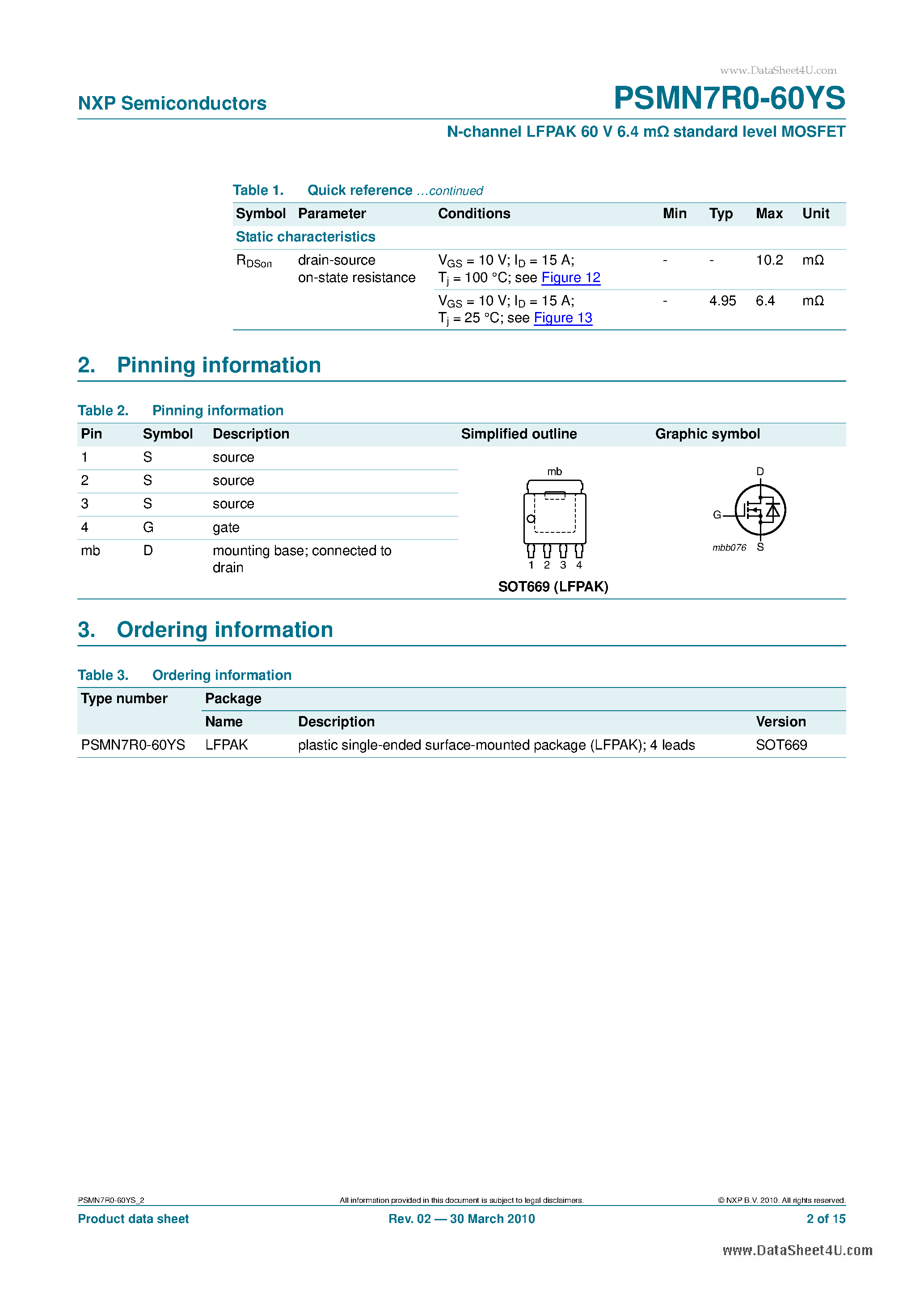 Даташит PSMN7R0-60YS - N-channel LFPAK 60V 6.4mOhm standard level MOSFET страница 2