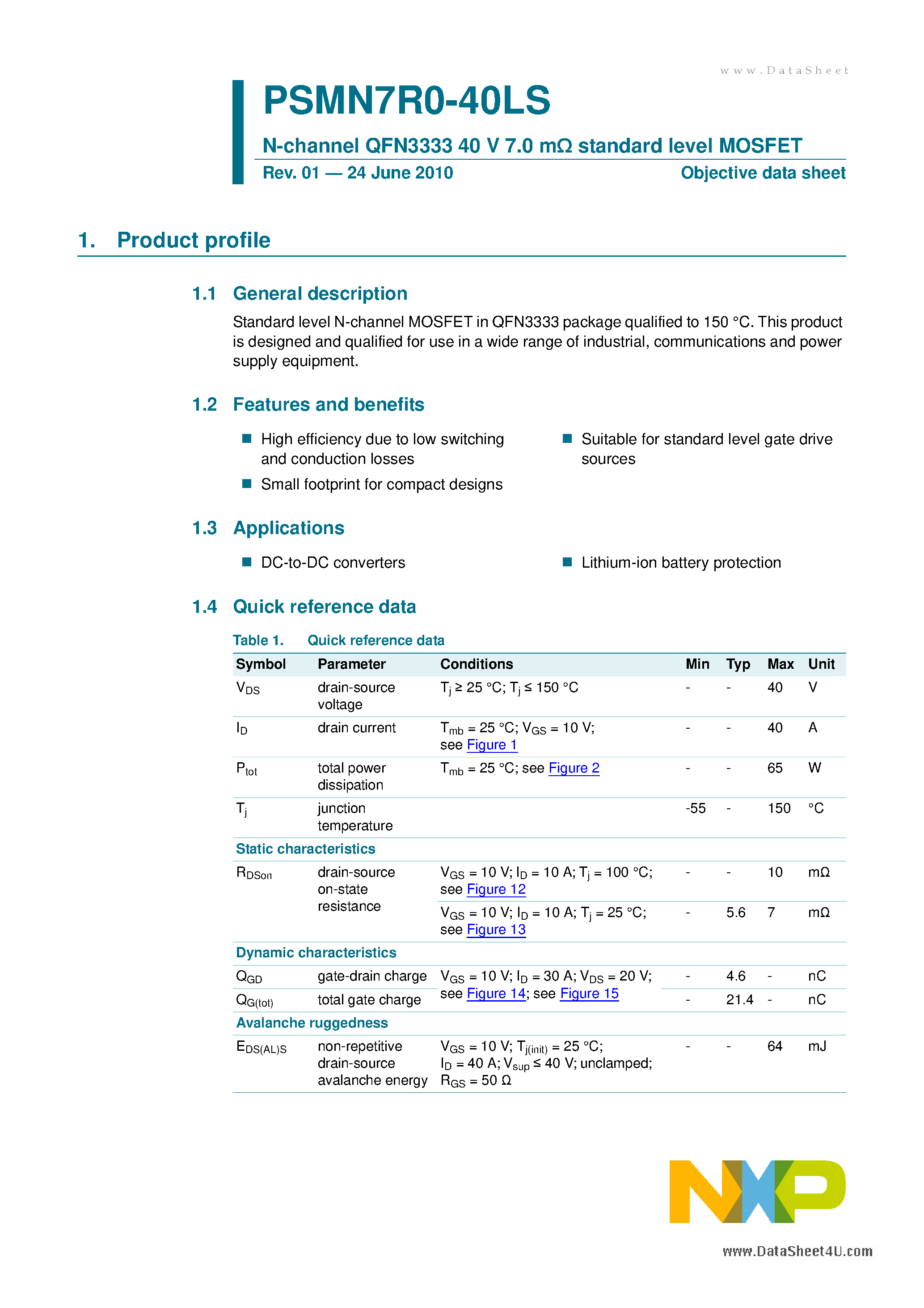 Datasheet PSMN7R0-40LS - N-channel QFN3333 40V 7.0mOhm standard level MOSFET page 1