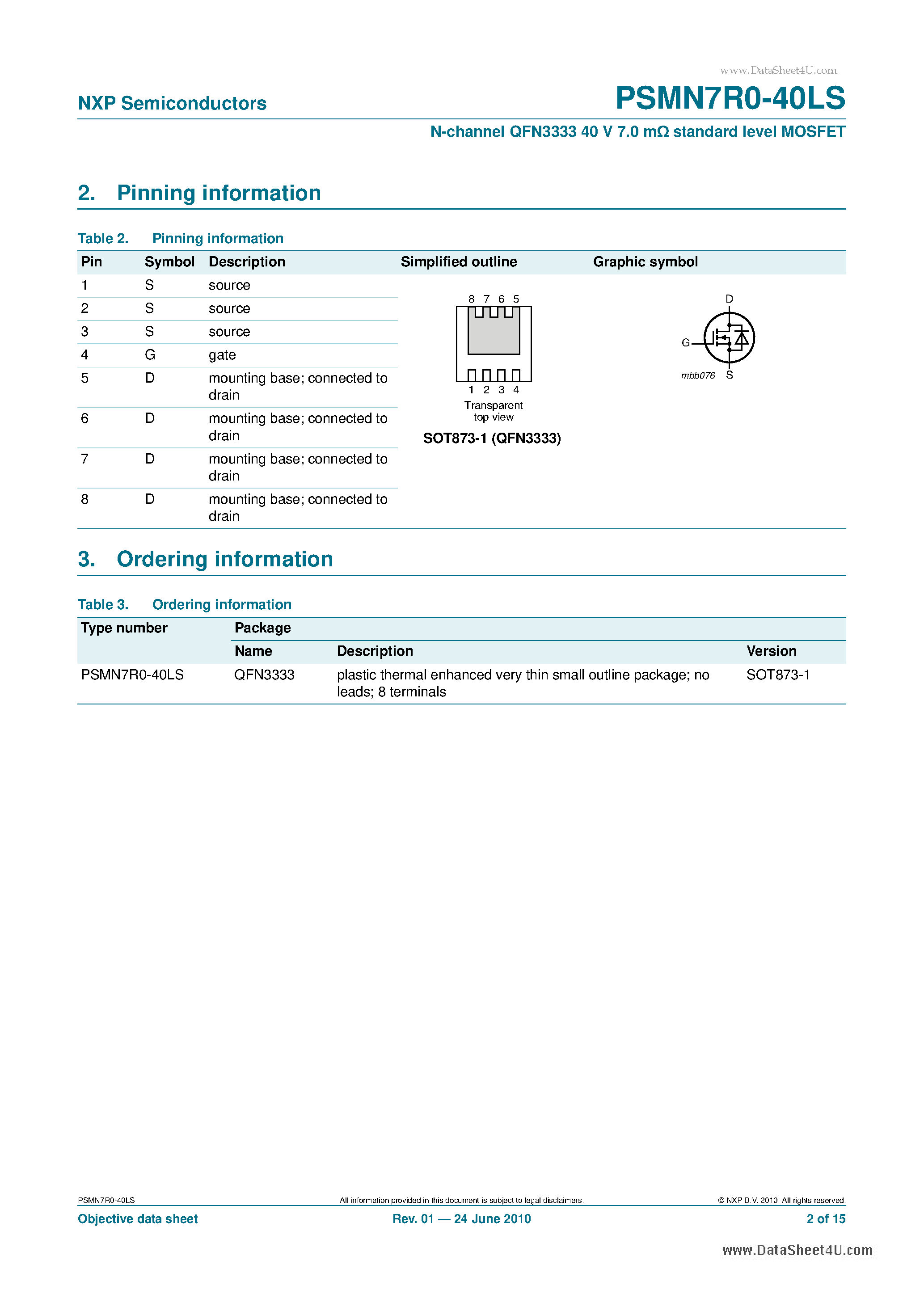 Datasheet PSMN7R0-40LS - N-channel QFN3333 40V 7.0mOhm standard level MOSFET page 2