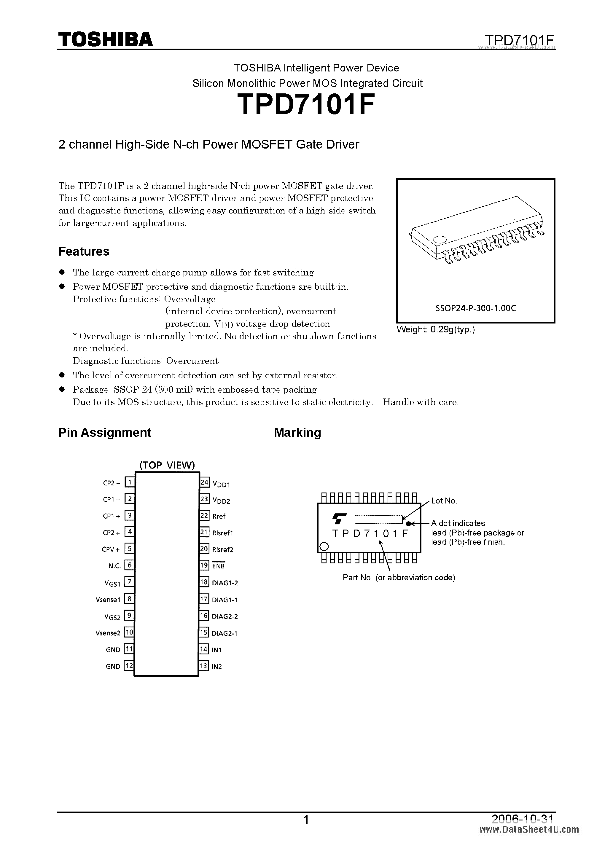 Даташит TPD7101F - 2 channel High-Side N-ch Power MOSFET Gate Driver страница 1