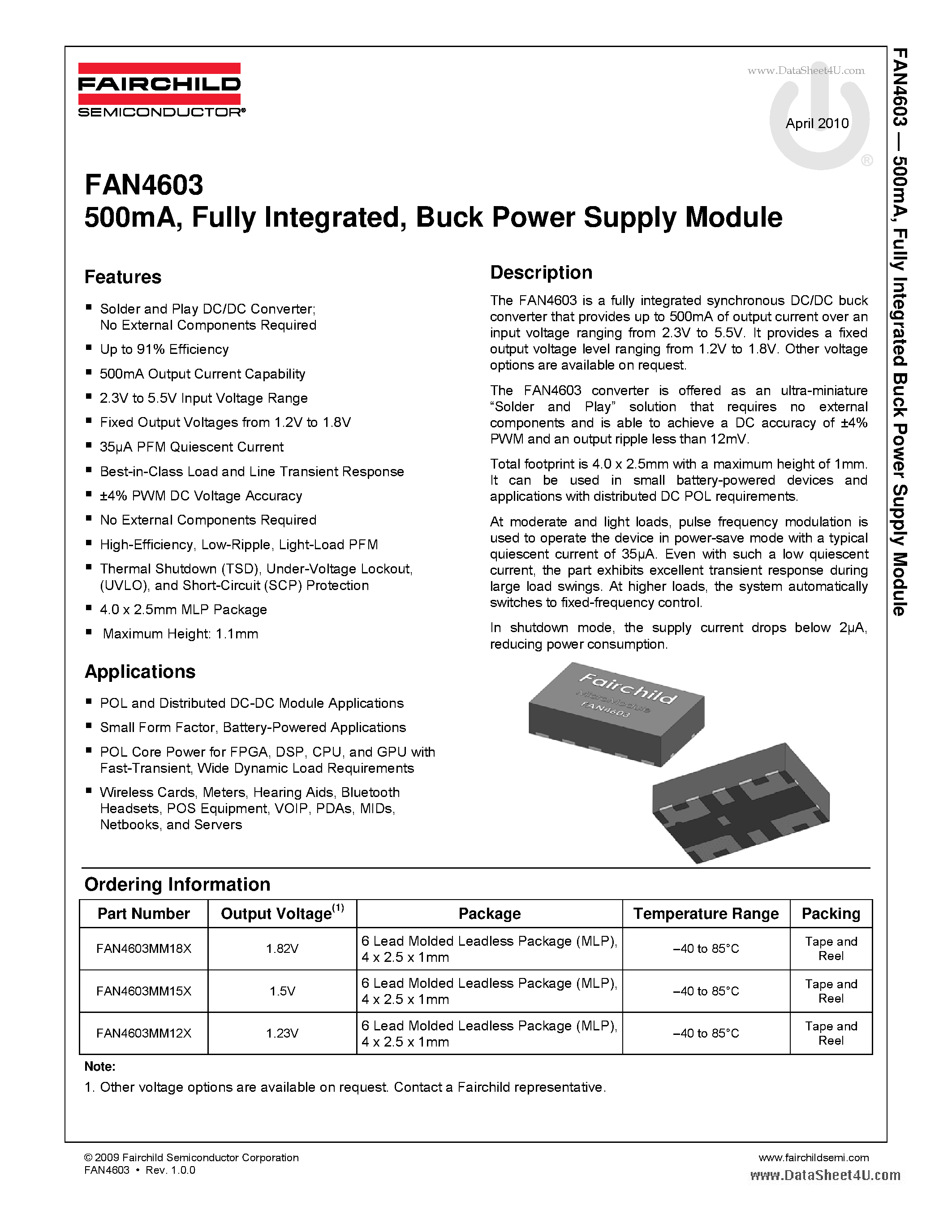 Даташит FAN4603 - 500mA Synchronous Buck Regulator страница 1