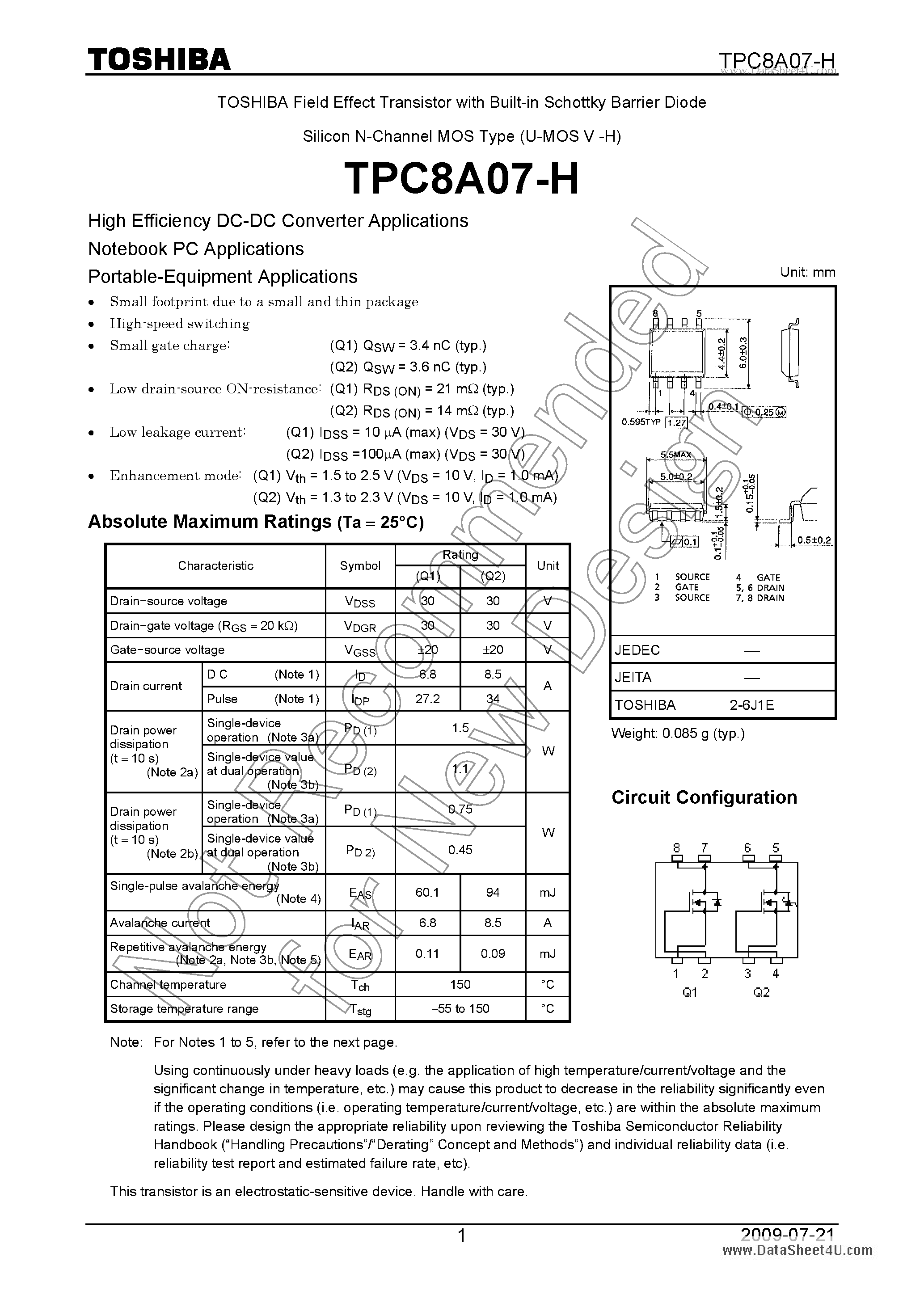 Даташит TPC8A07-H - High-Efficiency DC/DC Converter Applications страница 1