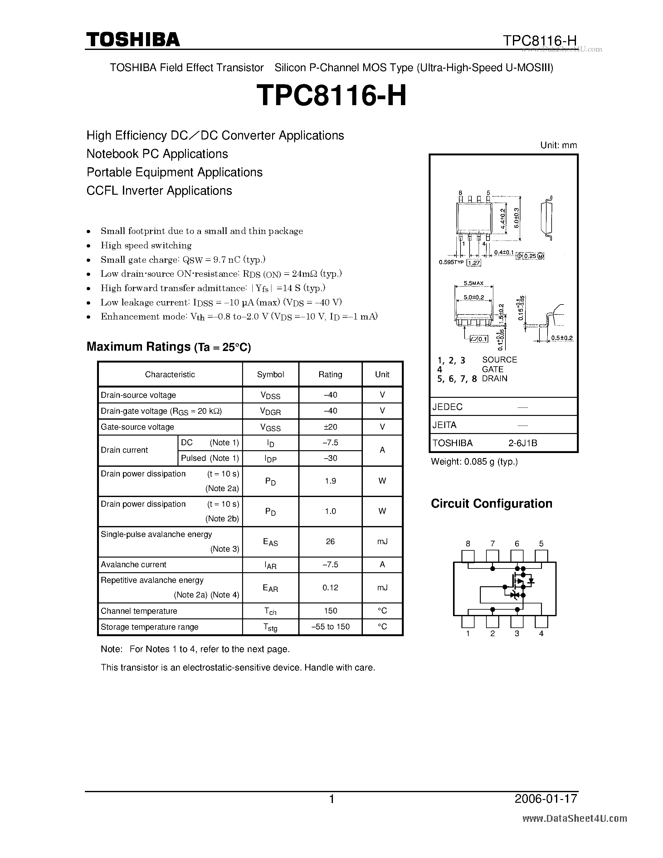 Даташит TPC8116-H - High Efficiency DC/DC Converter Applications страница 1