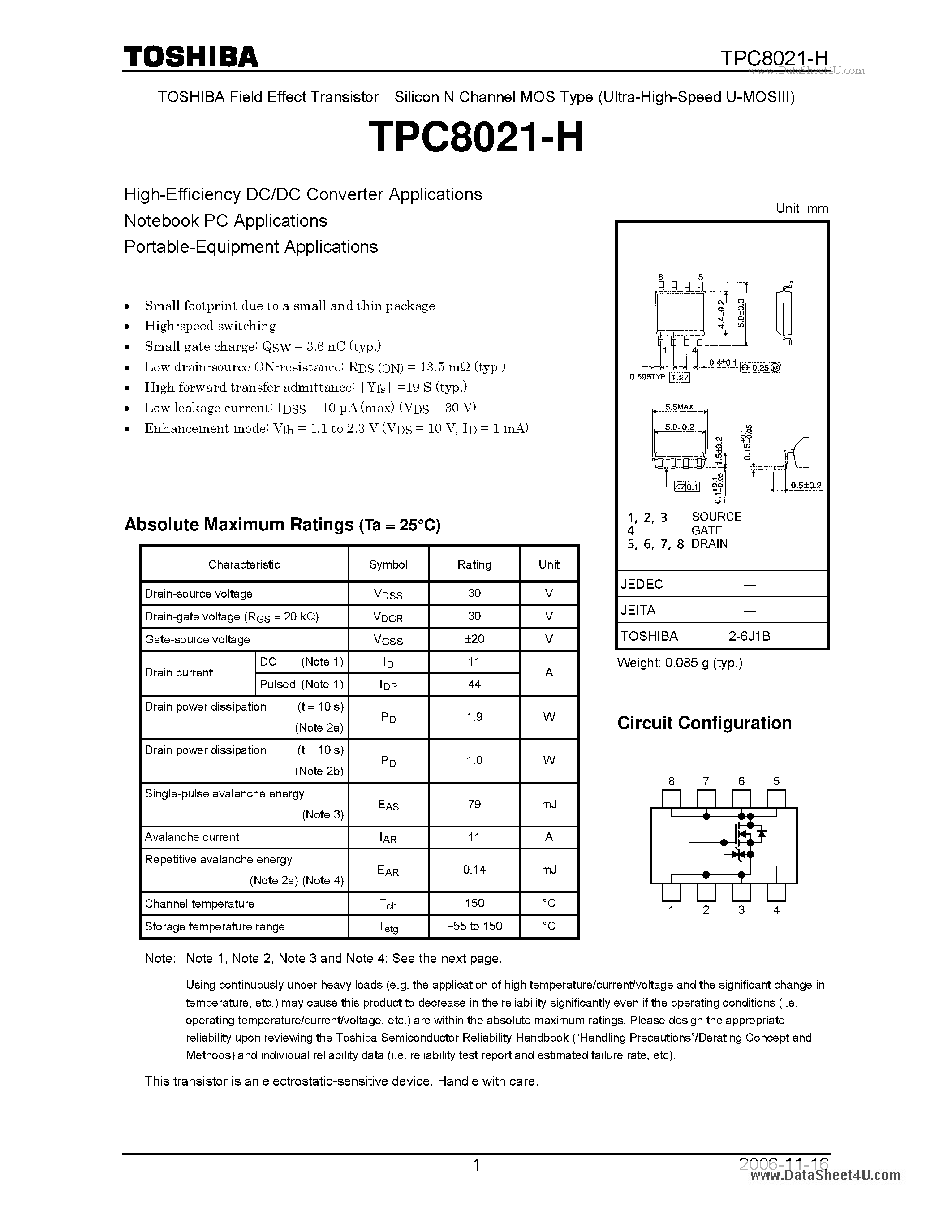 Даташит TPC8021-H - High-Efficiency DC/DC Converter Applications страница 1