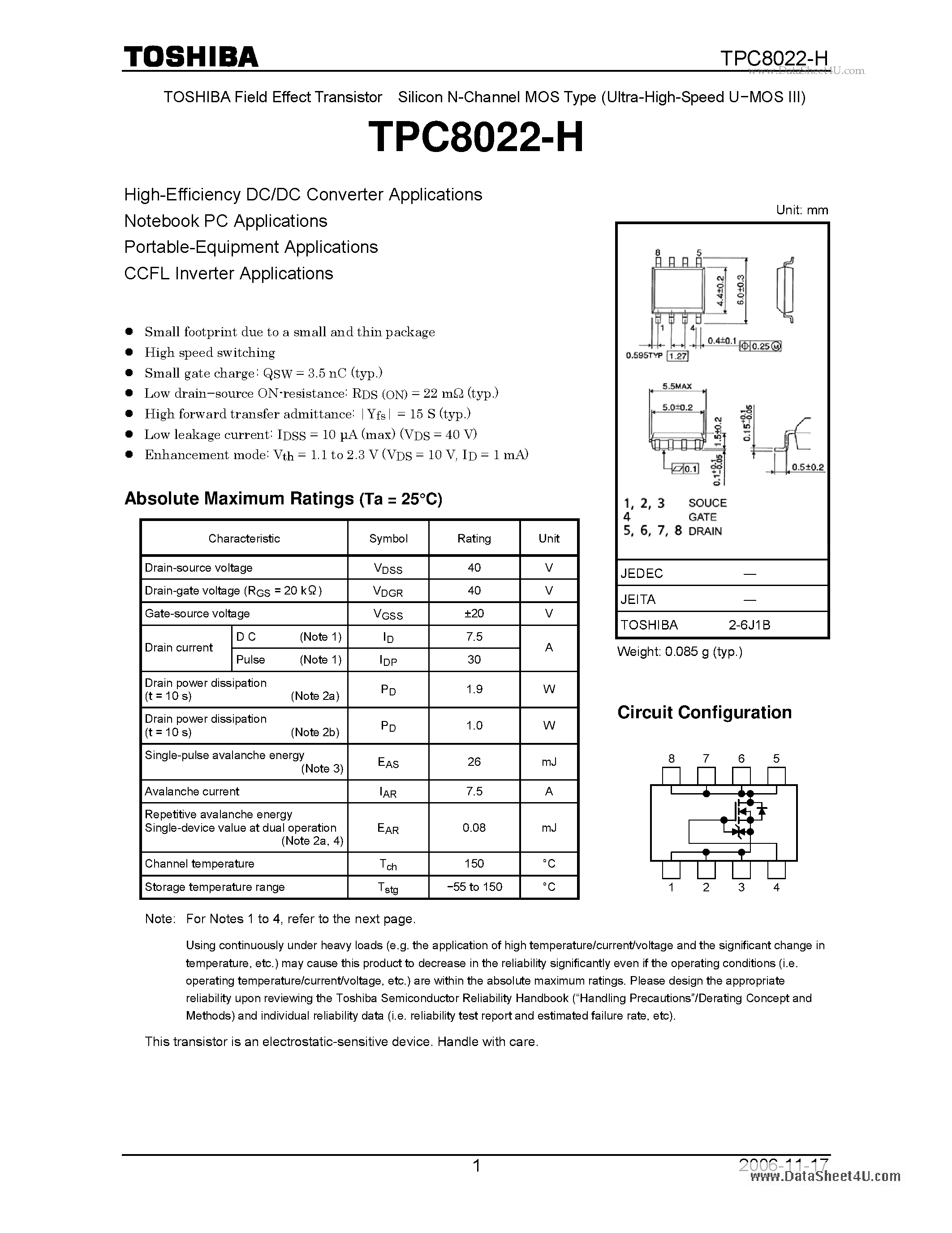 Даташит TPC8022-H - High-Efficiency DC/DC Converter Applications страница 1