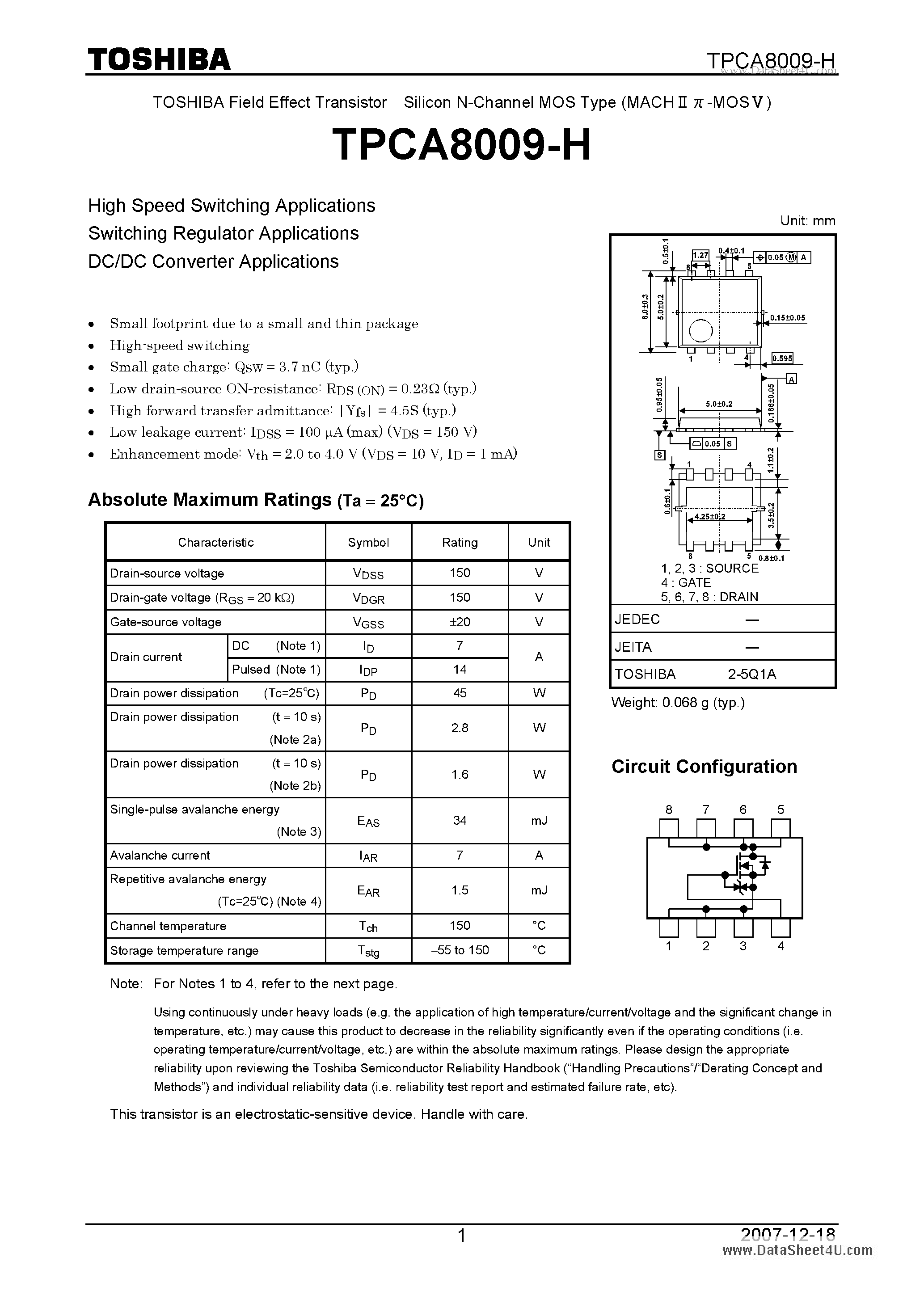 Даташит TPCA8009-H - High Speed Switching Applications страница 1