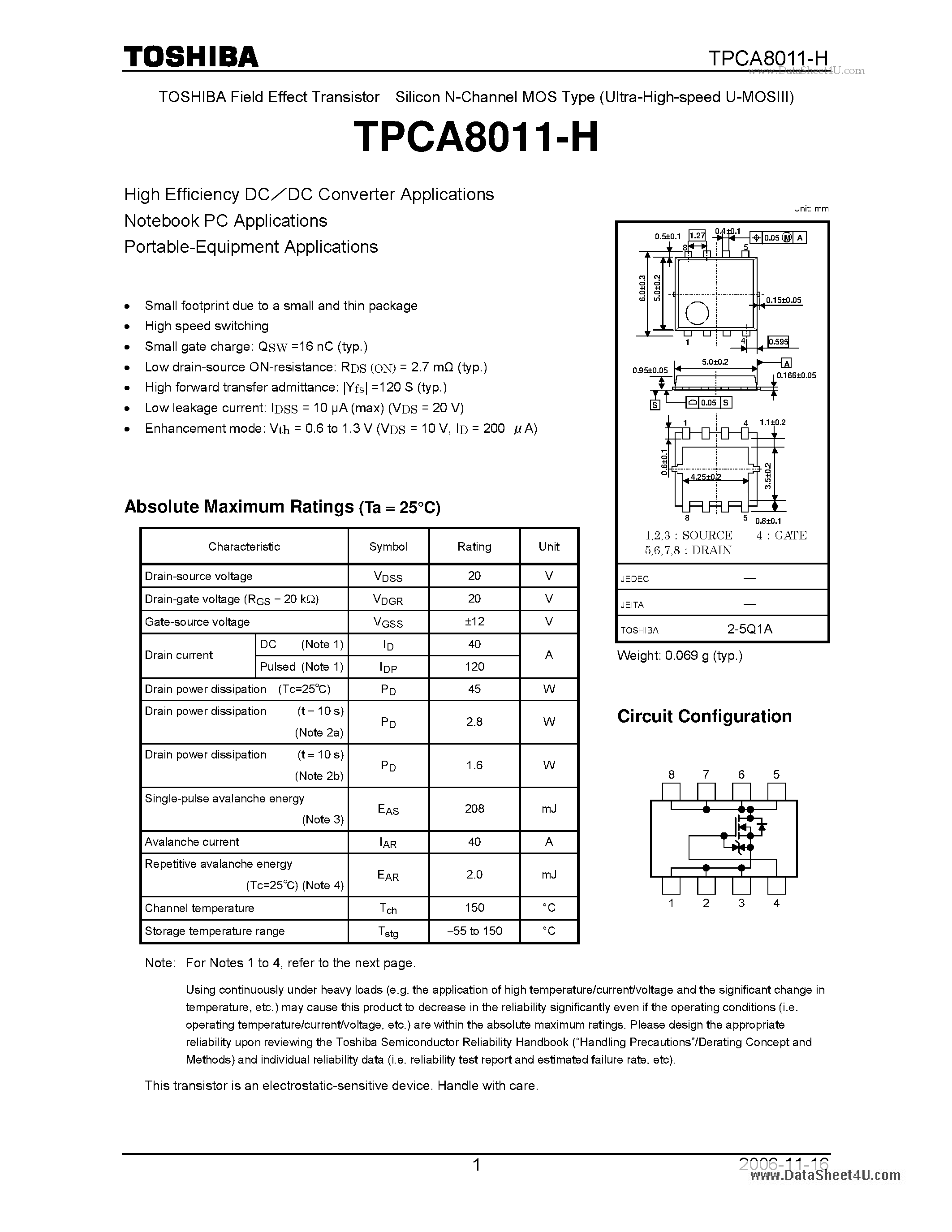 Даташит TPCA8011-H - High Efficiency DC/DC Converter Applications страница 1