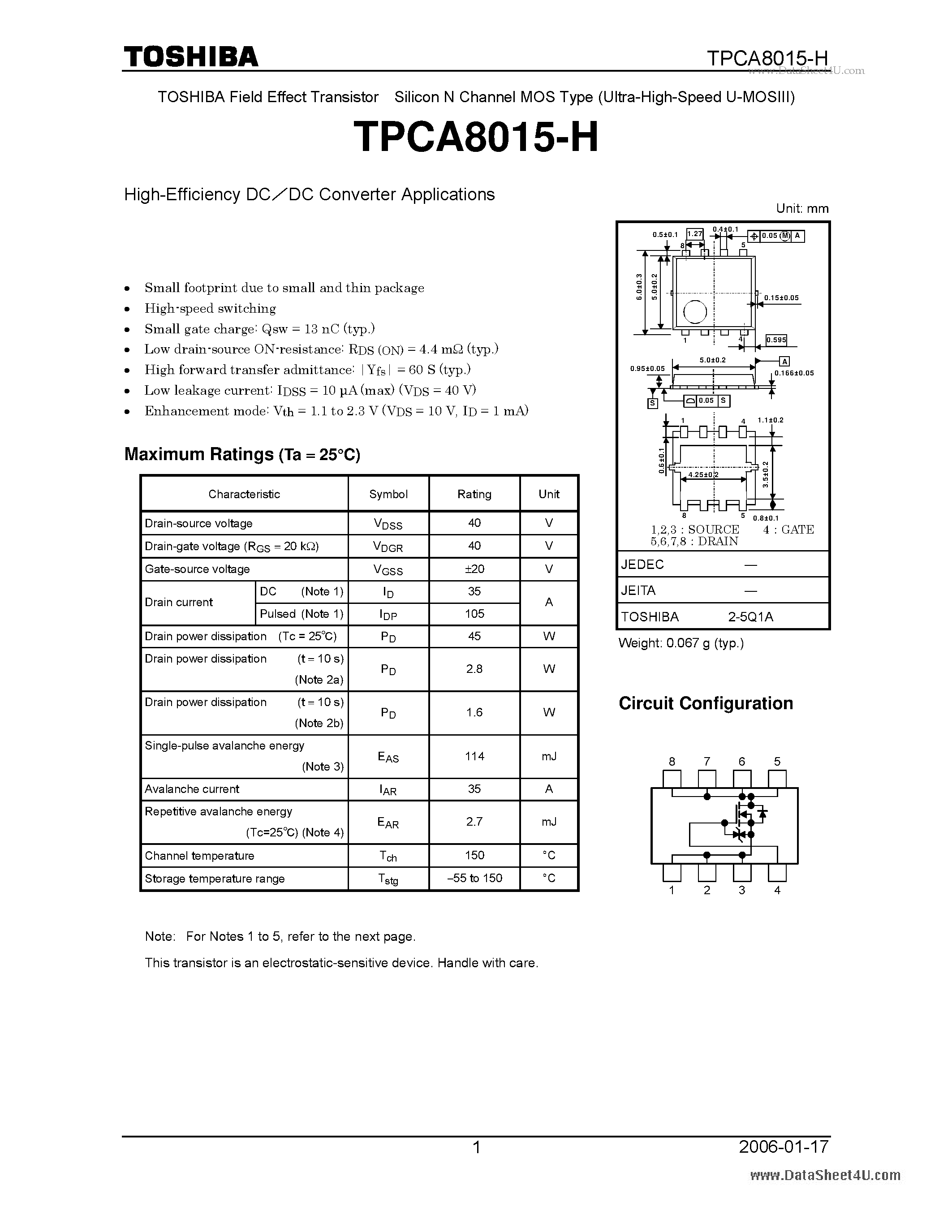 Даташит TPCA8015-H - High Efficiency DC/DC Converter Applications страница 1