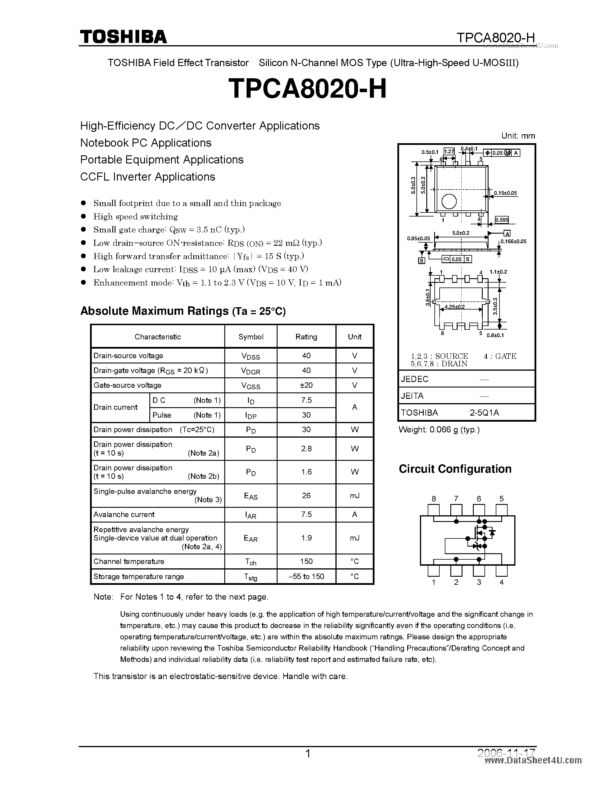 Даташит TPCA8020-H - High Efficiency DC/DC Converter Applications страница 1