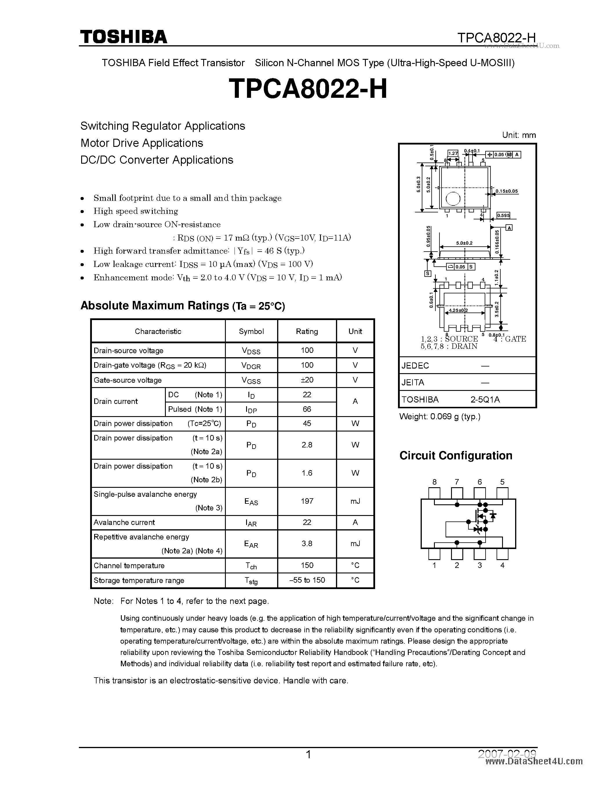 Даташит TPCA8022-H - Switching Regulator Applications страница 1