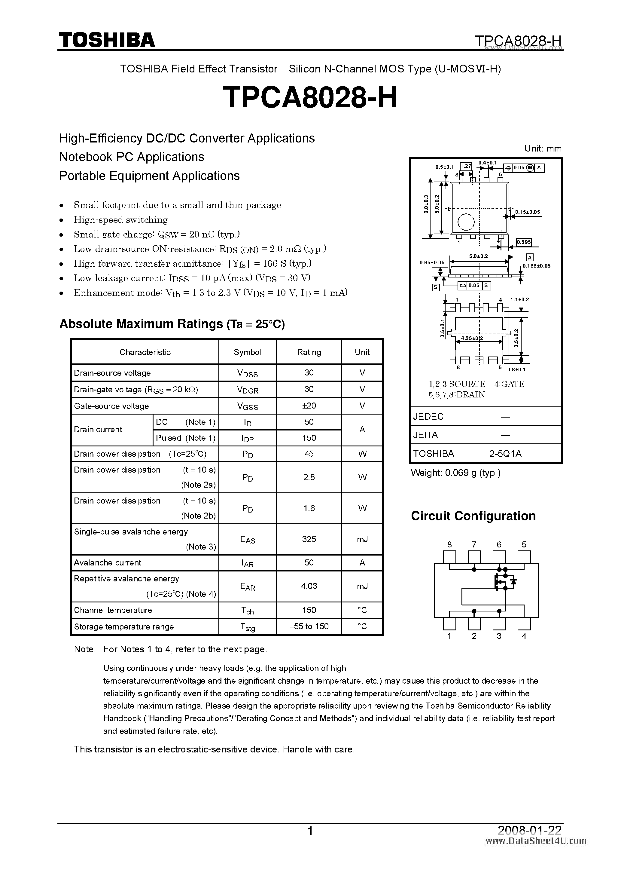 Даташит TPCA8028-H - High Efficiency DC/DC Converter Applications страница 1