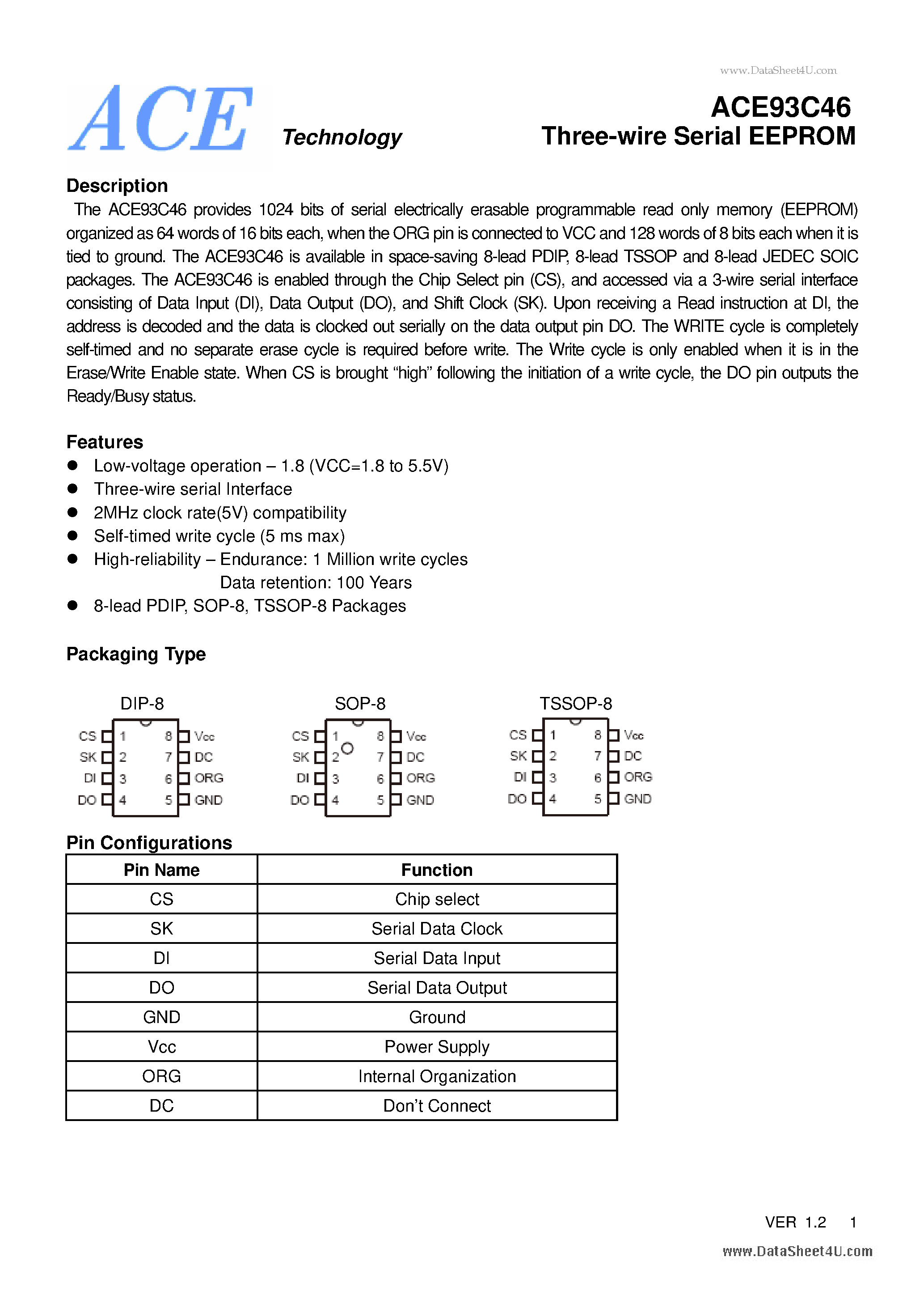 Datasheet ACE93C46 - Two-wire Serial EEPROM page 1