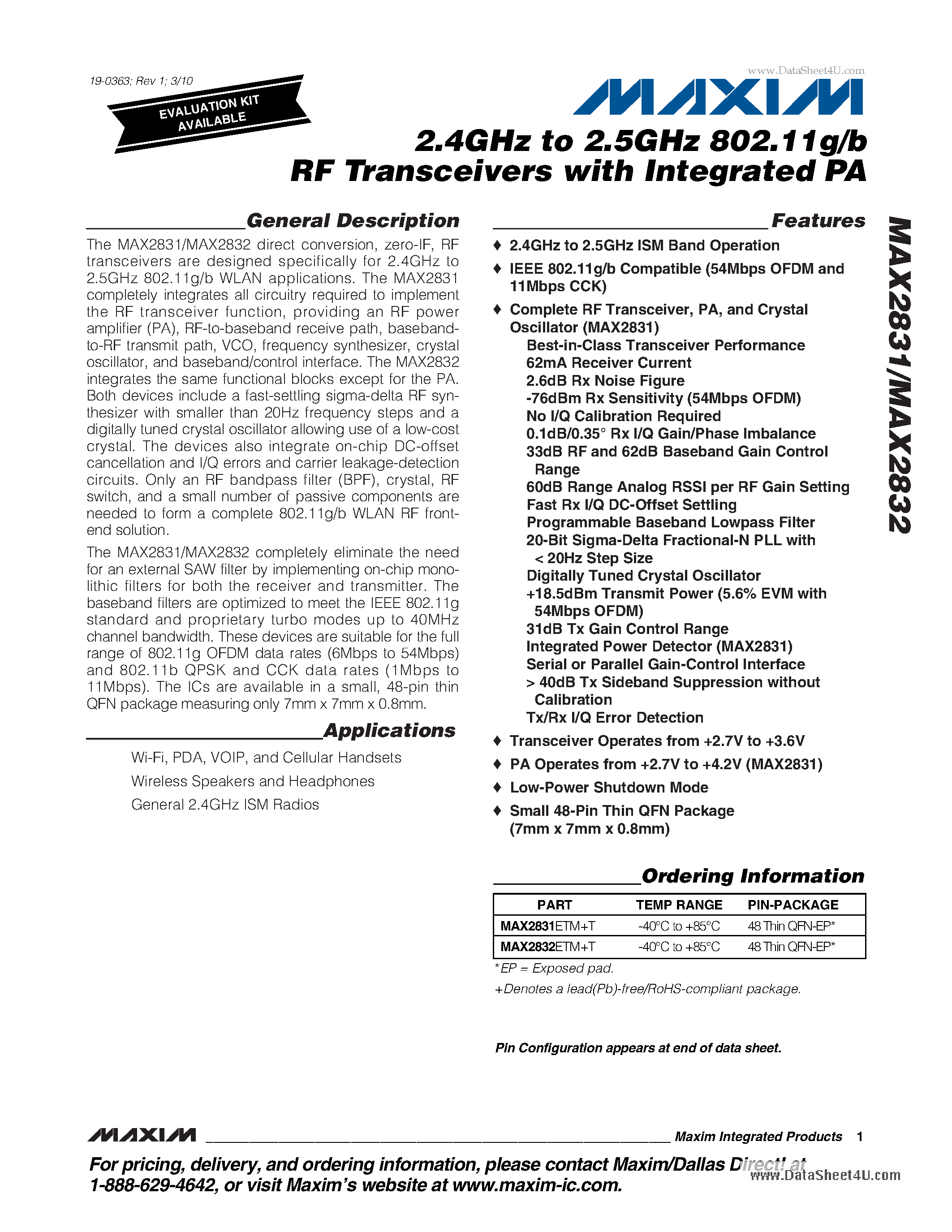 Datasheet MAX2831 - 2.4GHz to 2.5GHz 802.11g/b RF Transceivers page 1