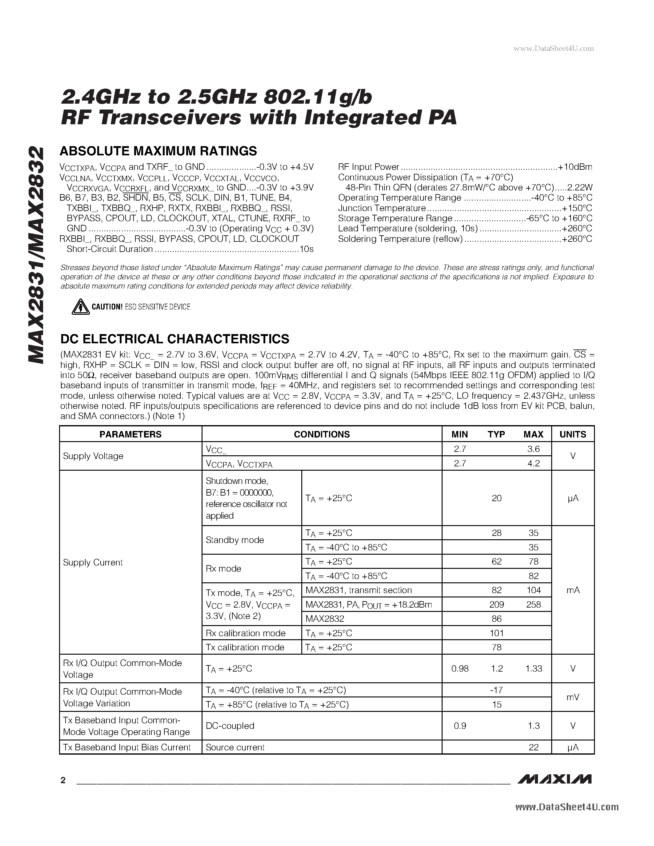 Datasheet MAX2831 - 2.4GHz to 2.5GHz 802.11g/b RF Transceivers page 2