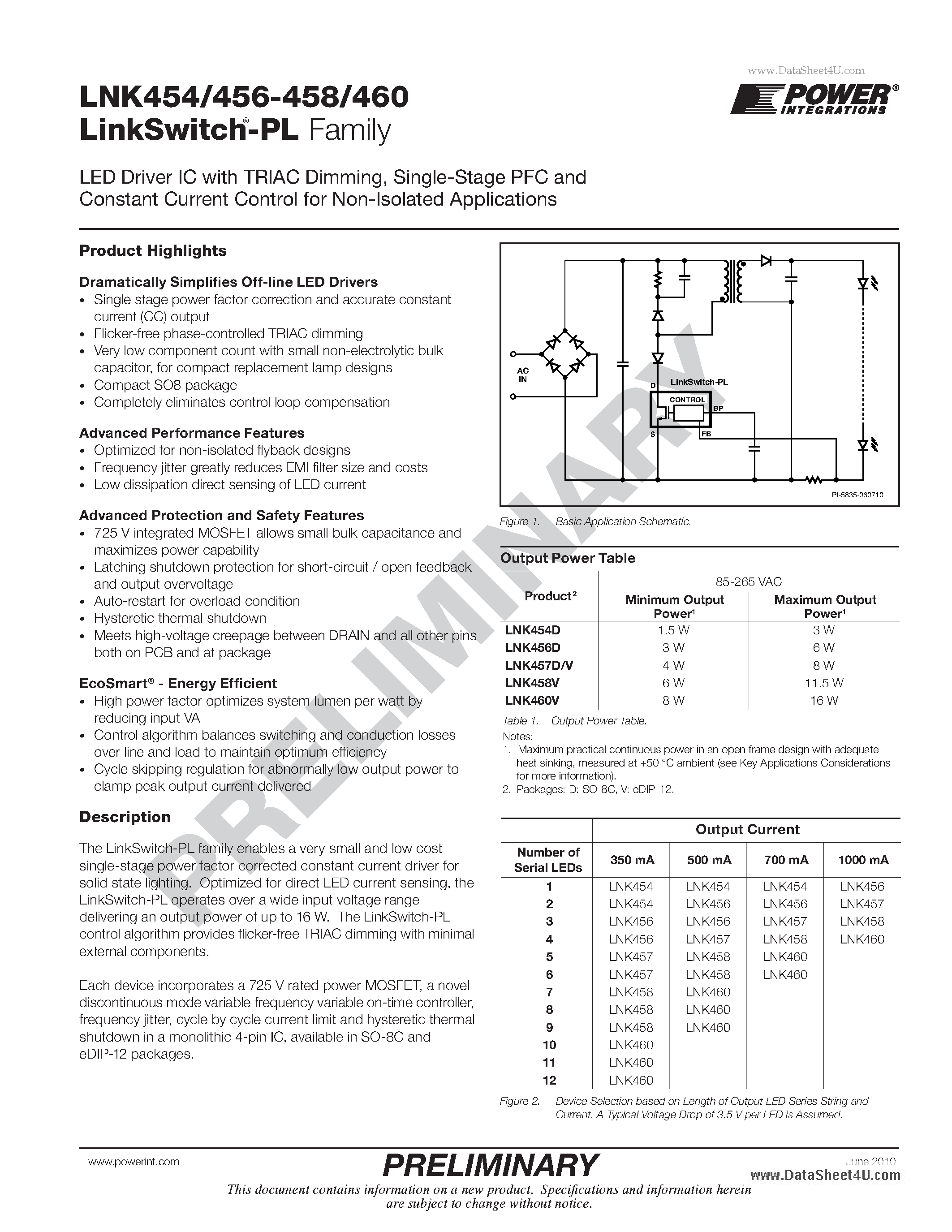 Даташит LNK454 - LED Driver IC with TRIAC Dimming Single-Stage PFC and Constant Current Control страница 1