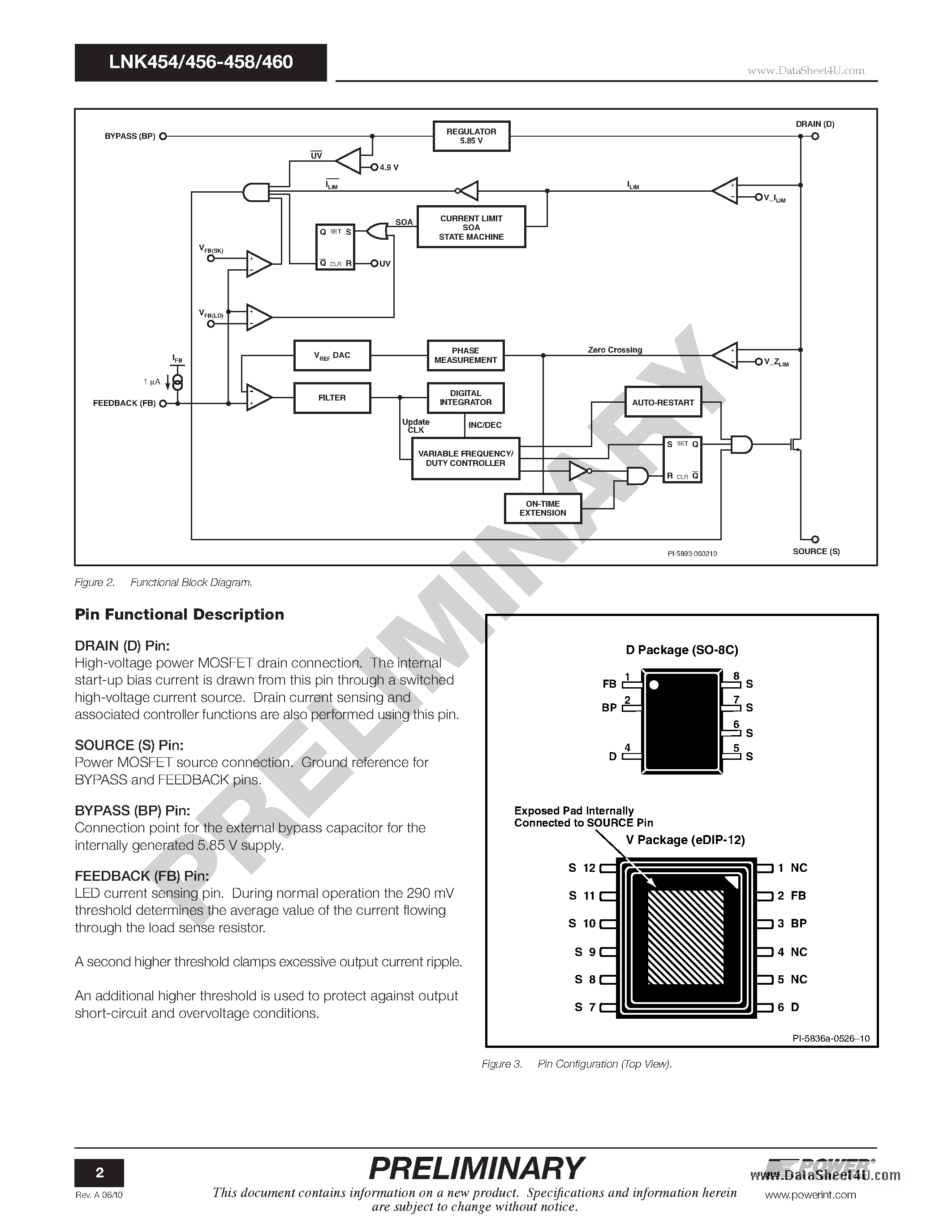 Даташит LNK454 - LED Driver IC with TRIAC Dimming Single-Stage PFC and Constant Current Control страница 2