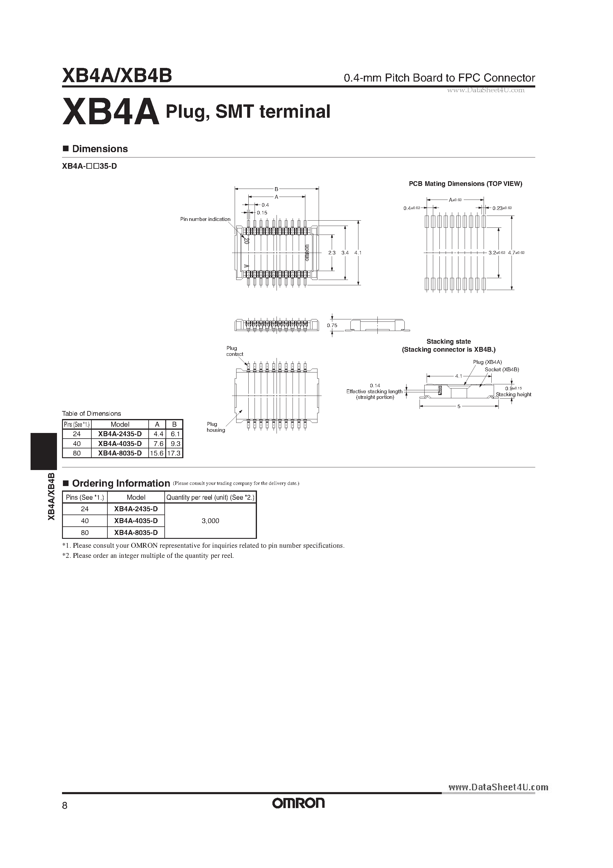 Даташит XB4A - 0.4-mm Pitch Board to FPC Connector страница 2