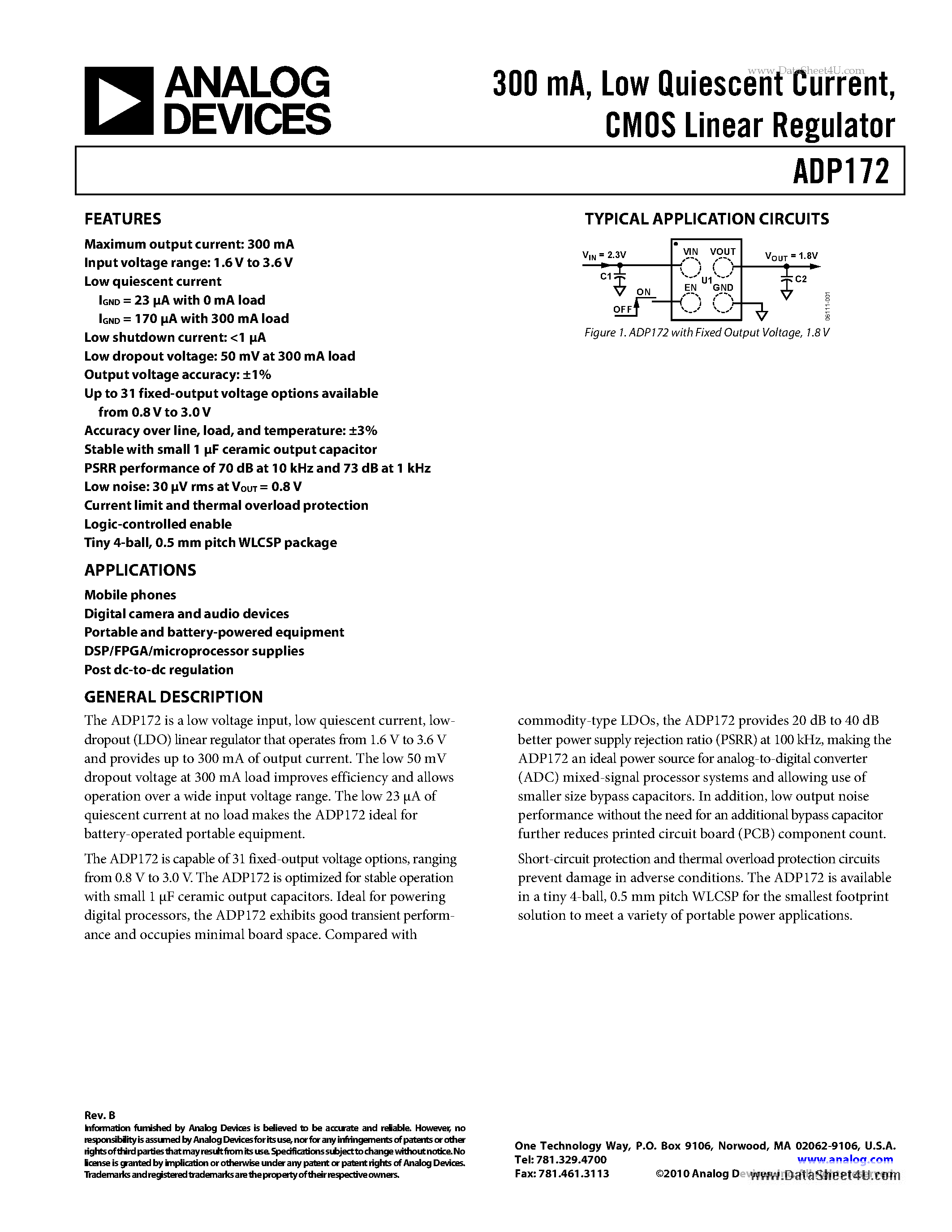 Даташит ADP172 - Low Quiescent Current CMOS Linear Regulator страница 1