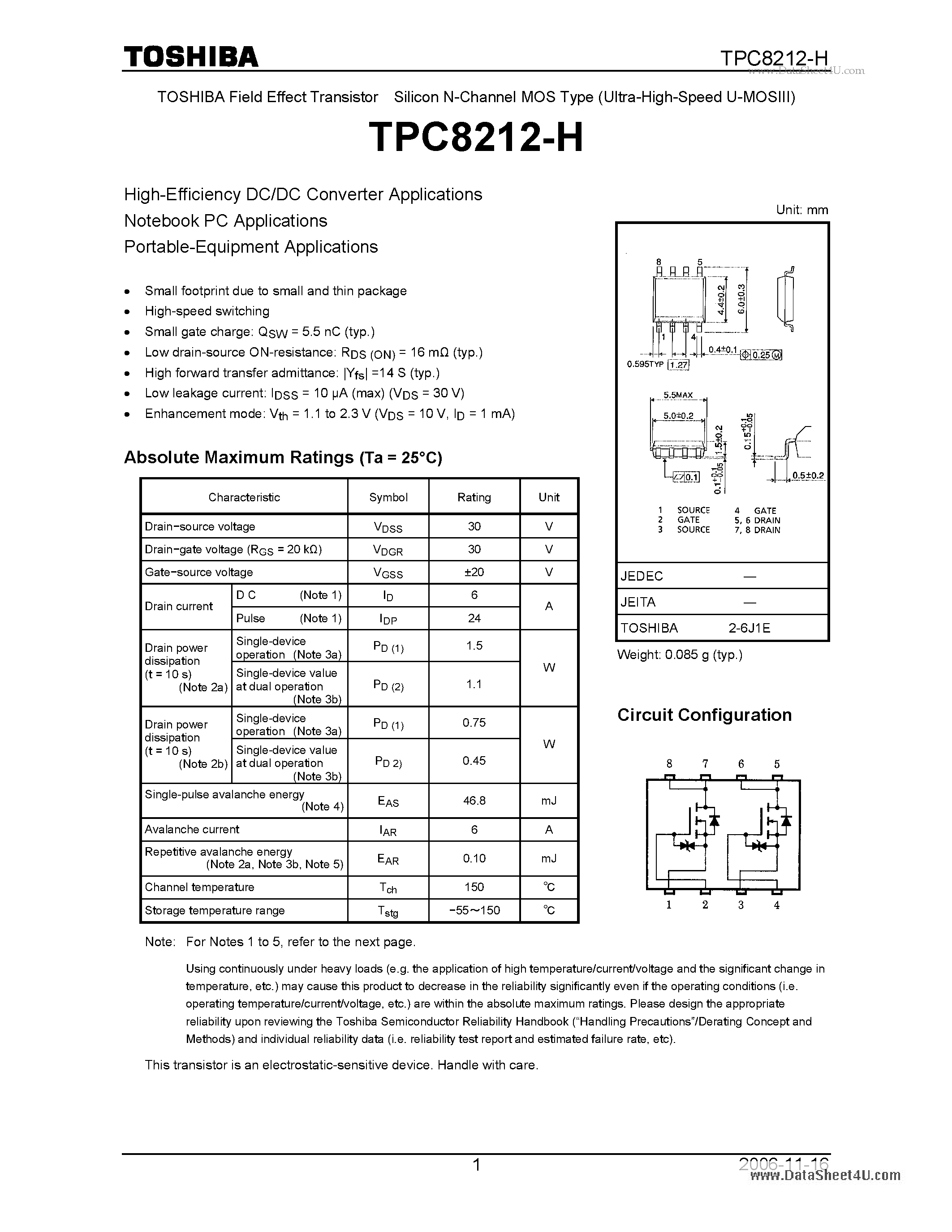 Даташит TPC8212-H - High-Efficiency DC/DC Converter Applications страница 1