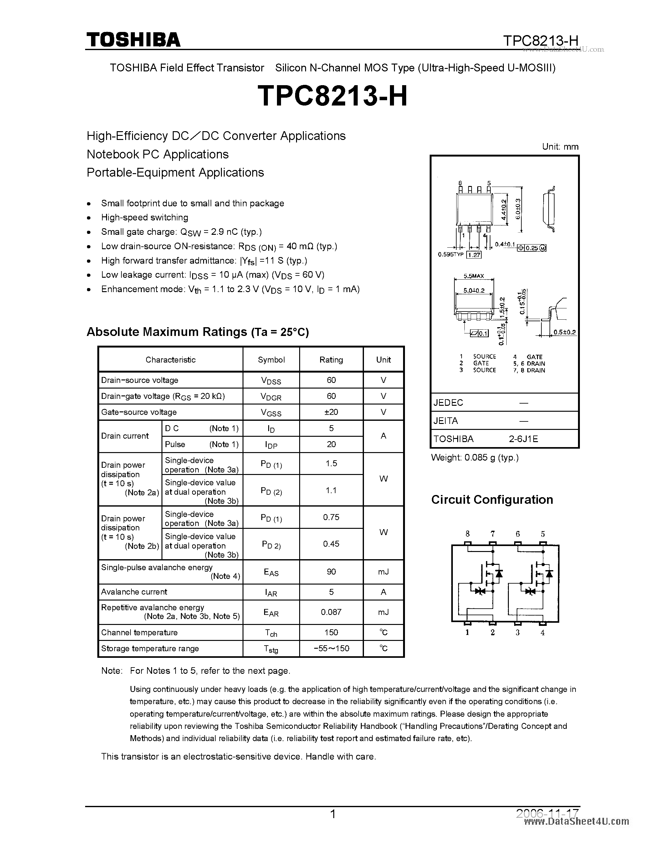 Даташит TPC8213-H - High-Efficiency DC/DC Converter Applications страница 1