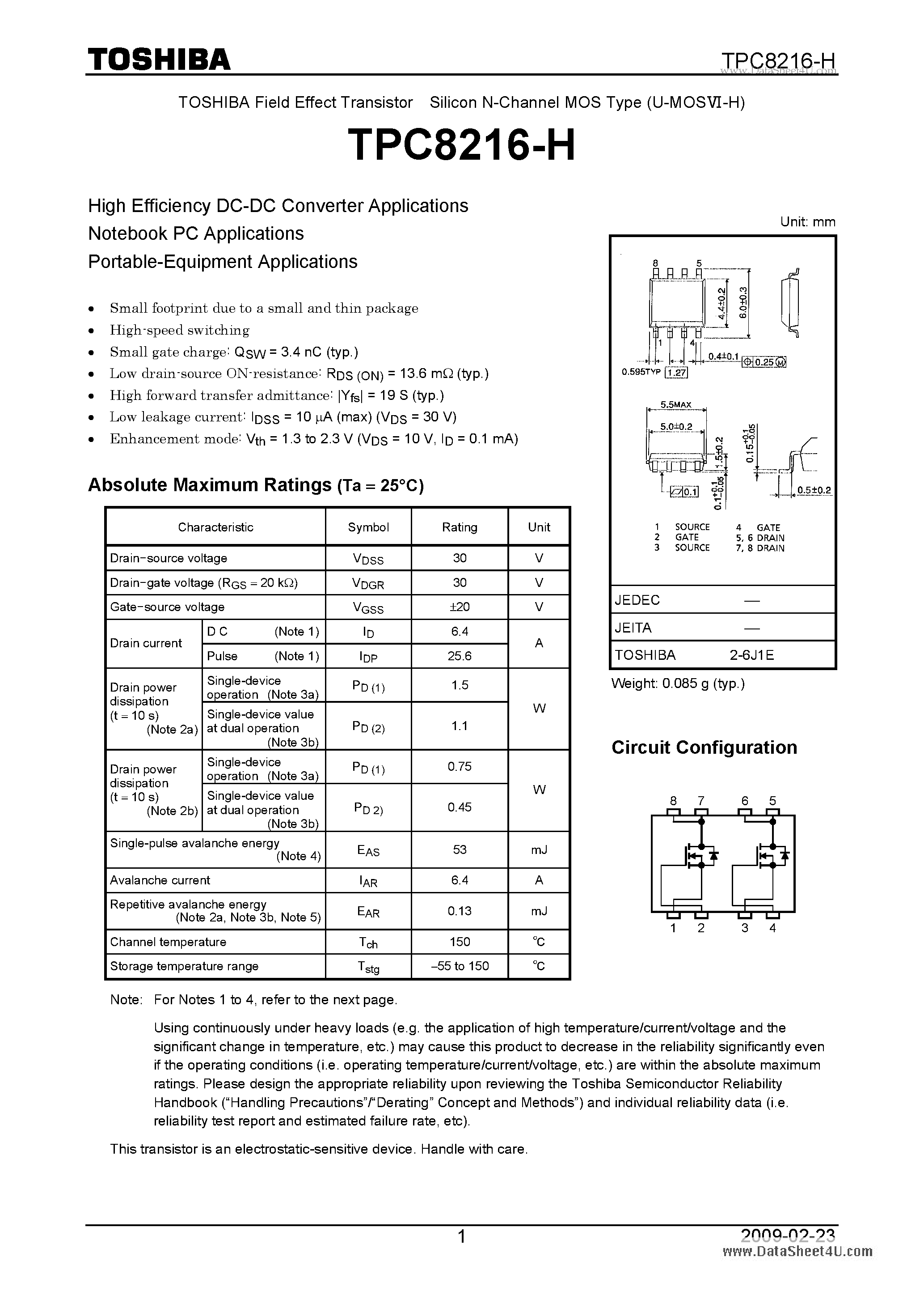 Даташит TPC8216-H - High-Efficiency DC/DC Converter Applications страница 1