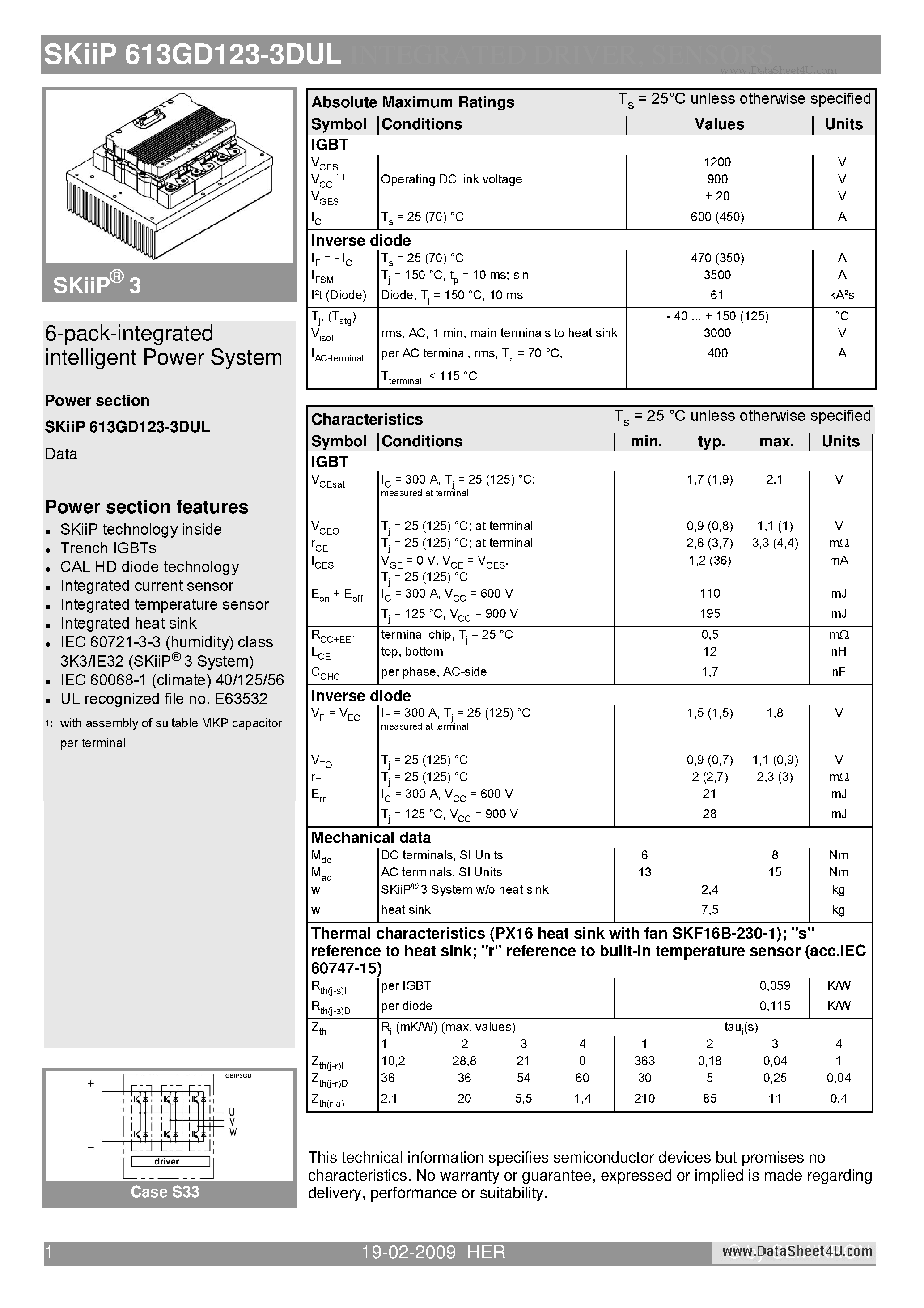 Даташит SKIIP613GD123-3DUL - 6-pack-integrated intelligent Power System страница 1