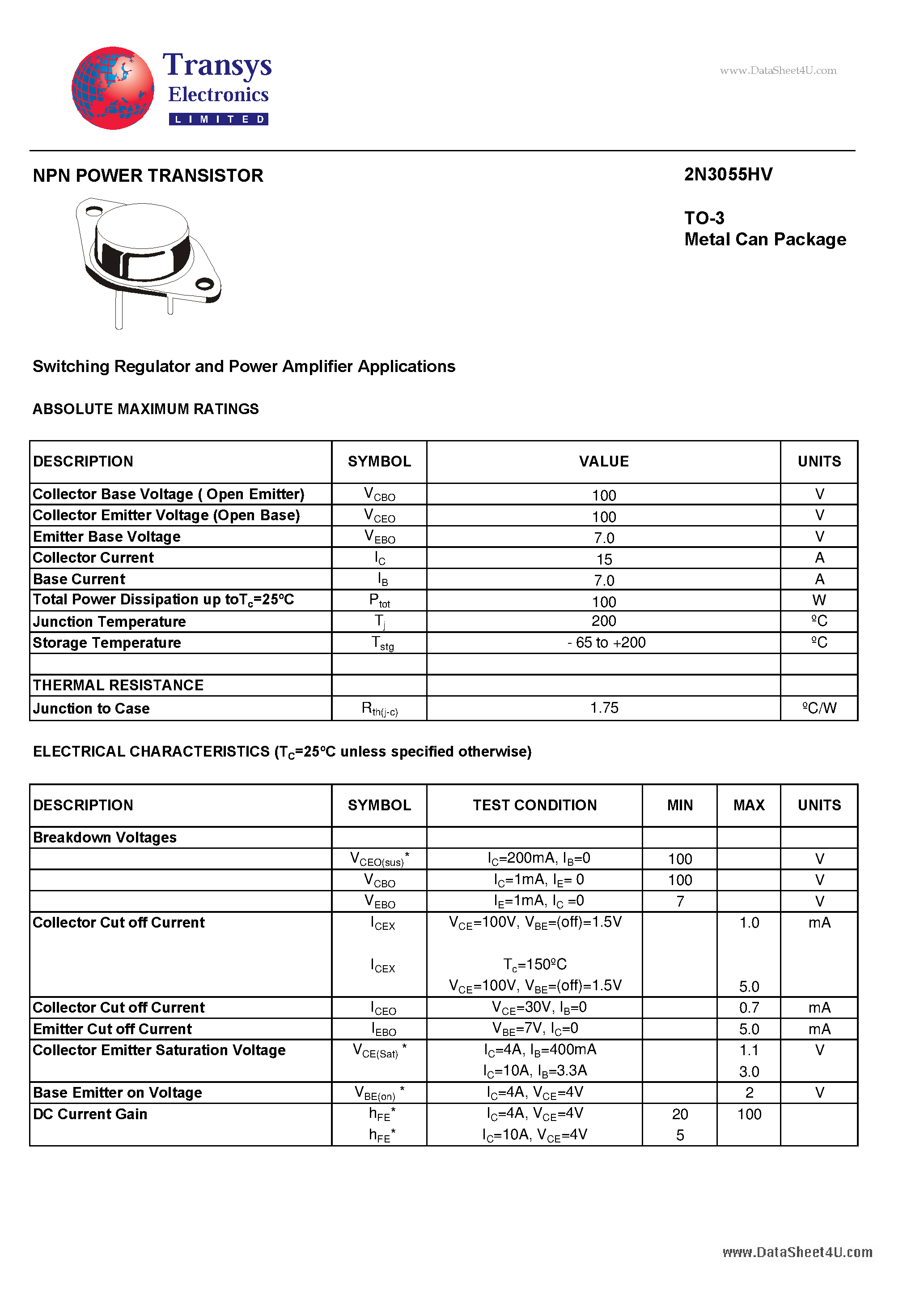 Даташит 2N3055HV - NPN POWER TRANSISTOR страница 1