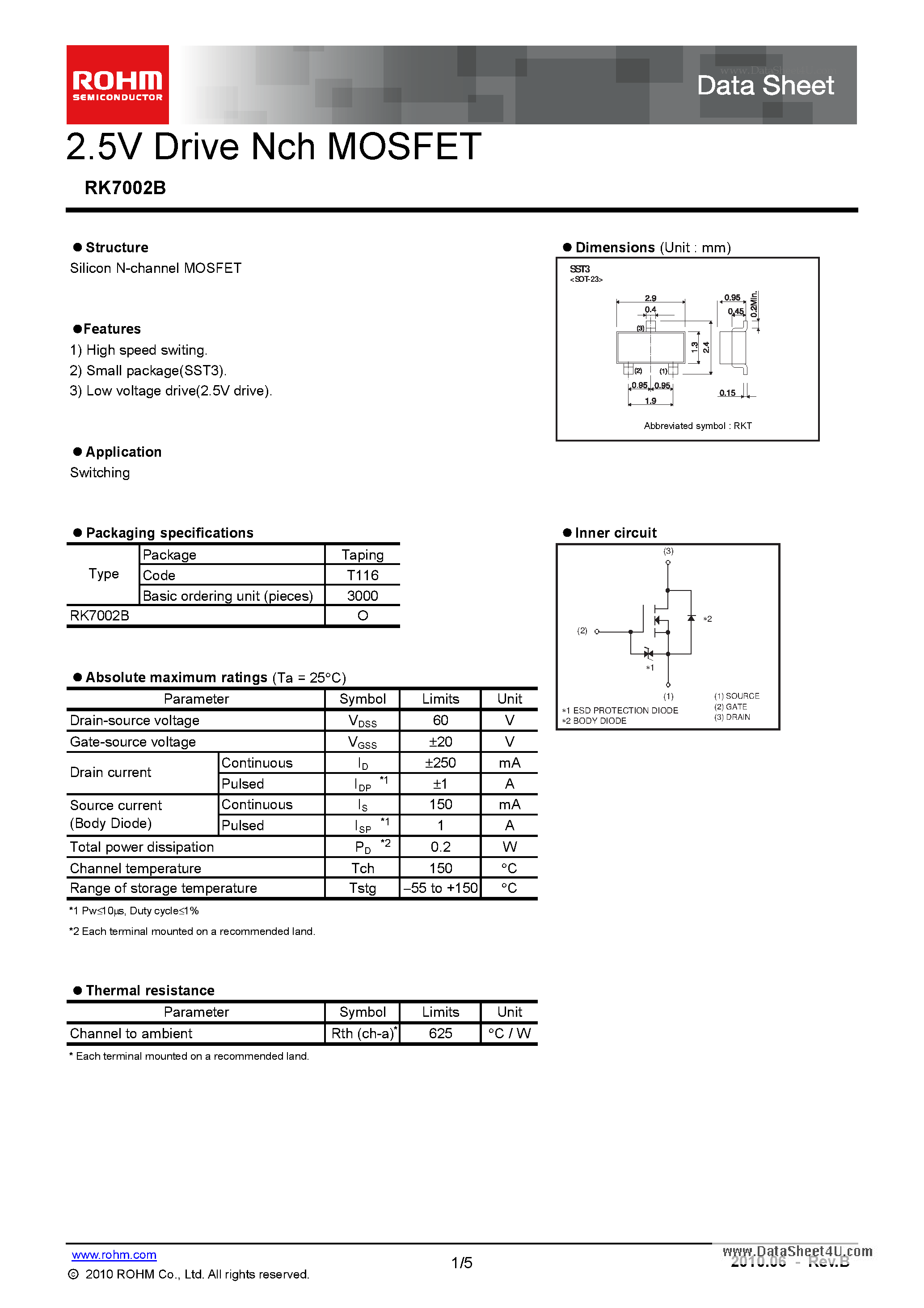 Даташит RK7002B - 2.5V Drive Nch MOSFET страница 1