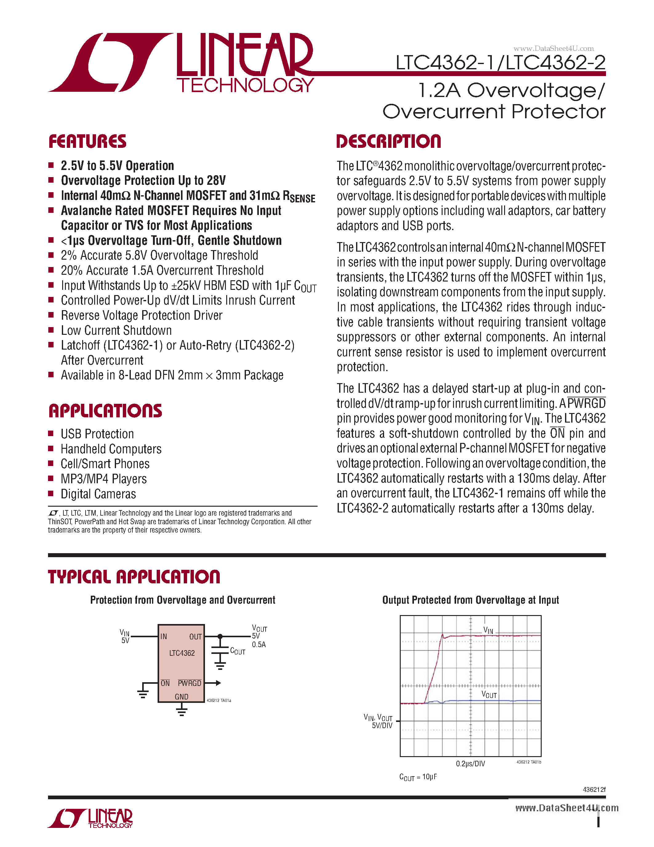 Даташит LTC4362-1 - 1.2A Overvoltage/ Overcurrent Protector страница 1