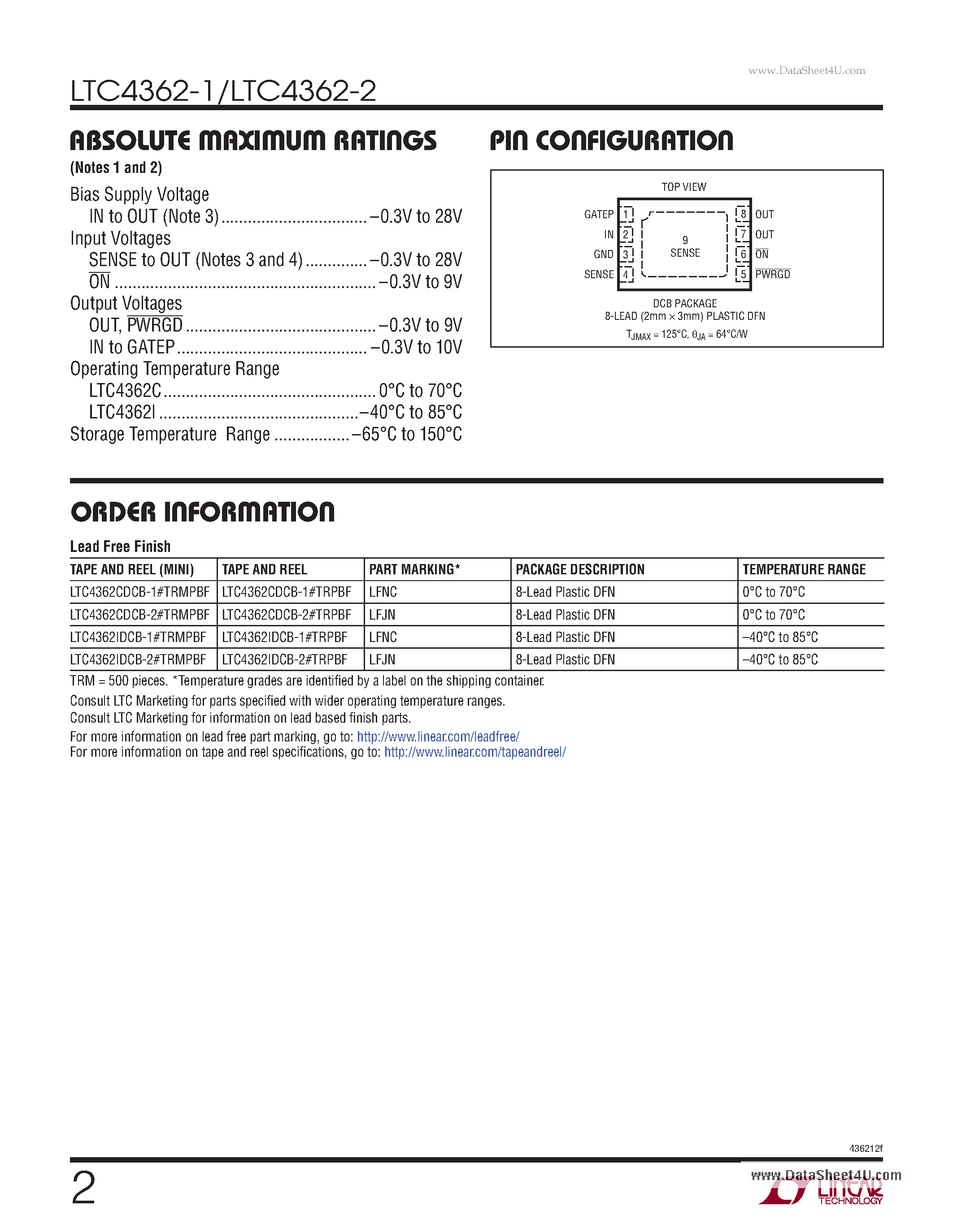 Даташит LTC4362-1 - 1.2A Overvoltage/ Overcurrent Protector страница 2