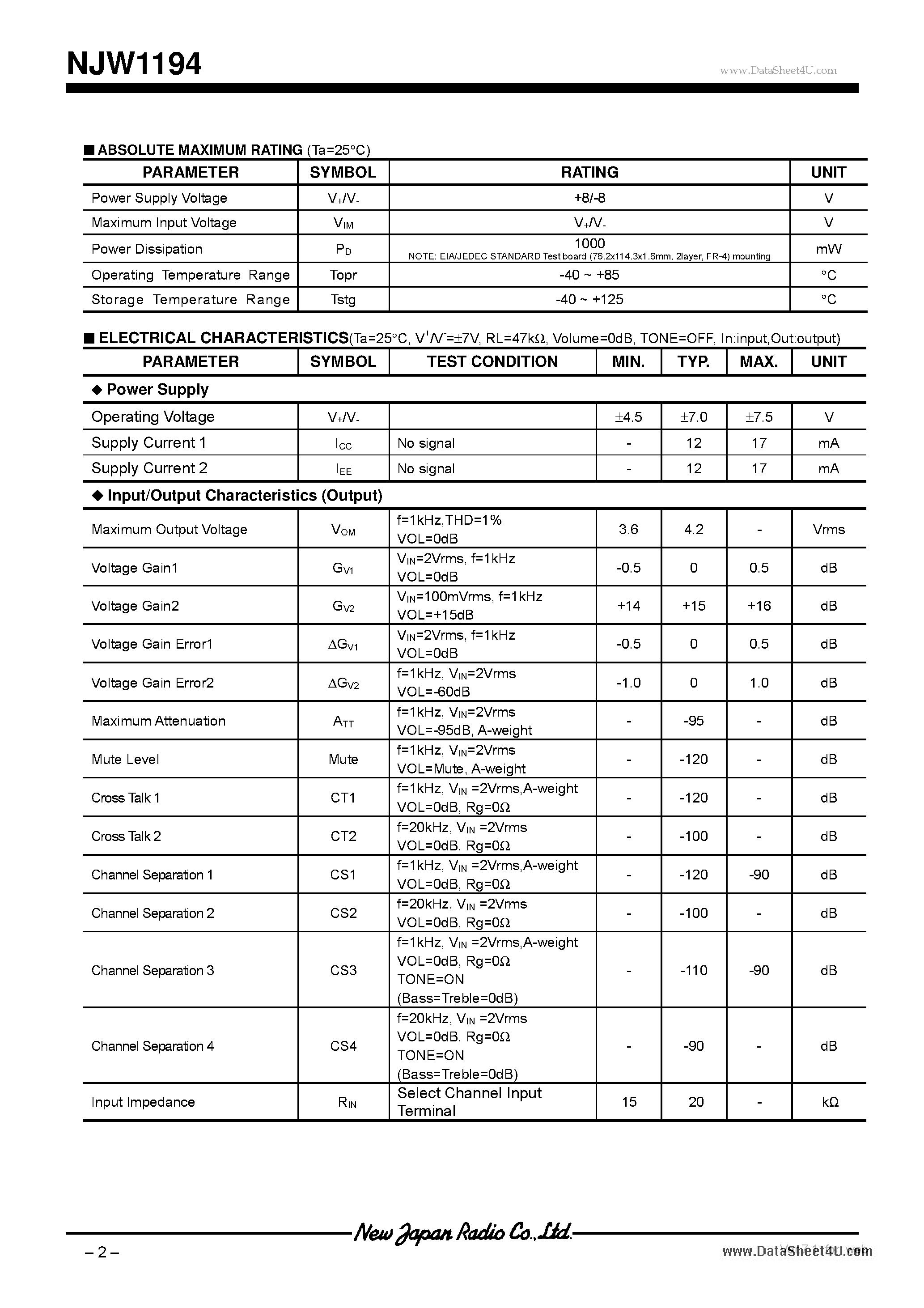 Даташит NJW1194 - 2-CHANNEL ELECTRONIC VOLUME страница 2