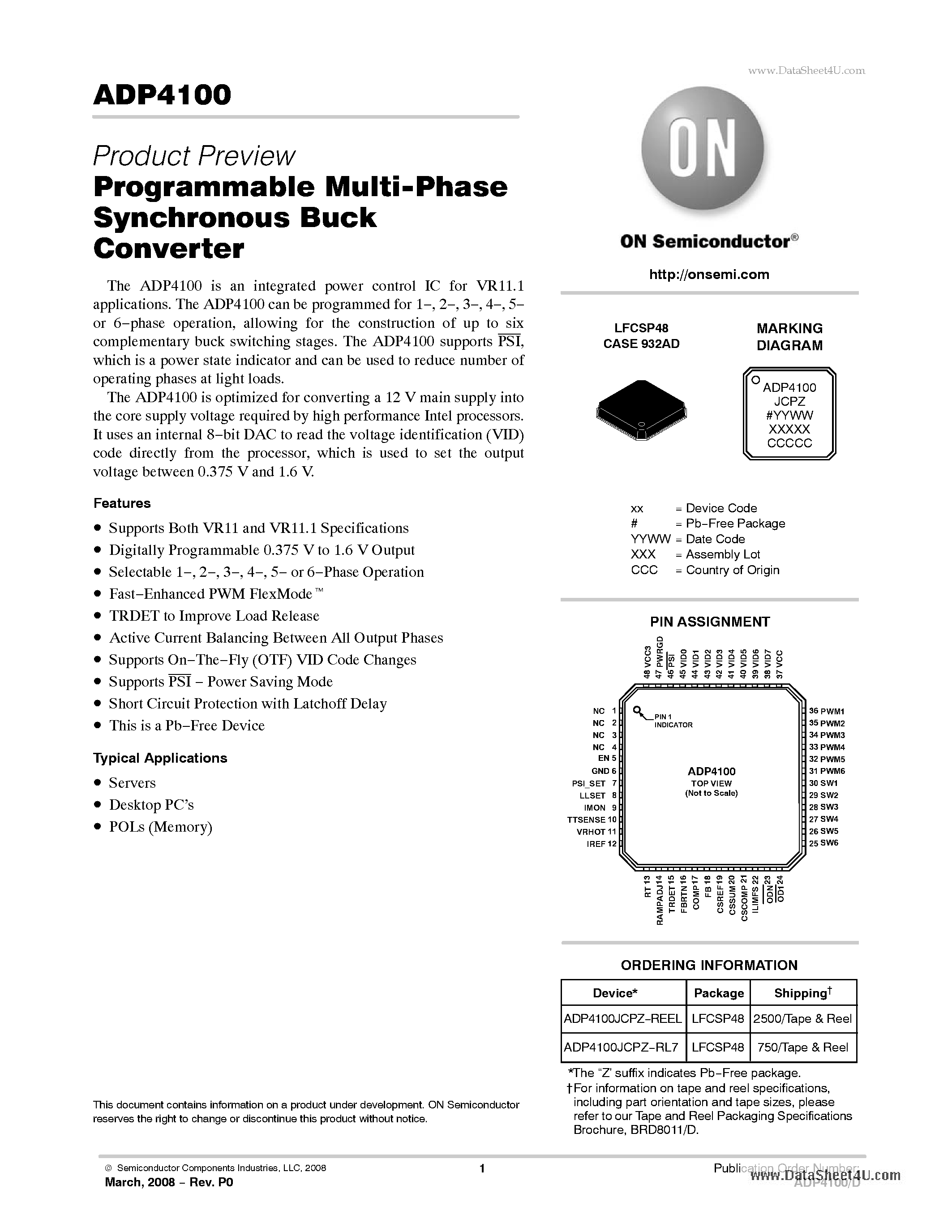 Datasheet ADP4100 - Programmable Multi-Phase Synchronous Buck Converter page 1