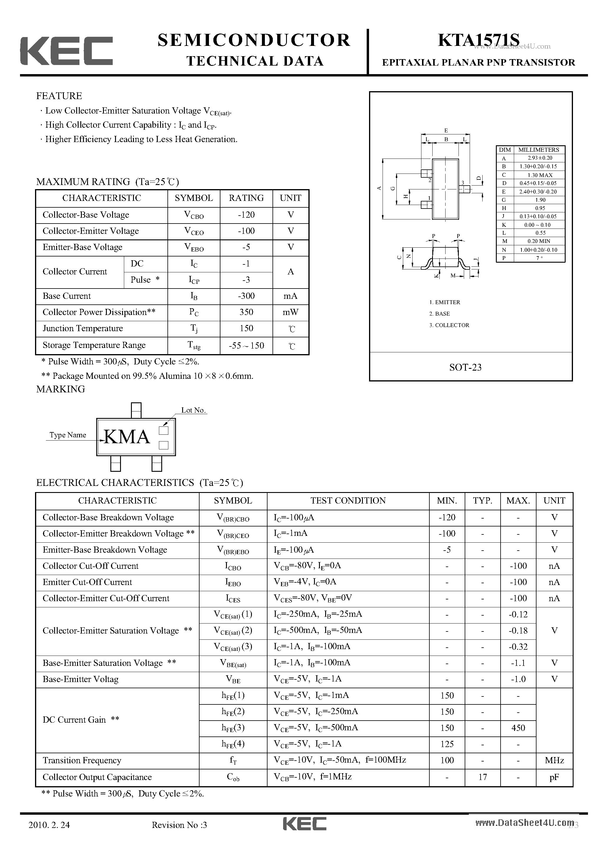 Даташит KTA1571S - EPITAXIAL PLANAR PNP TRANSISTOR страница 1