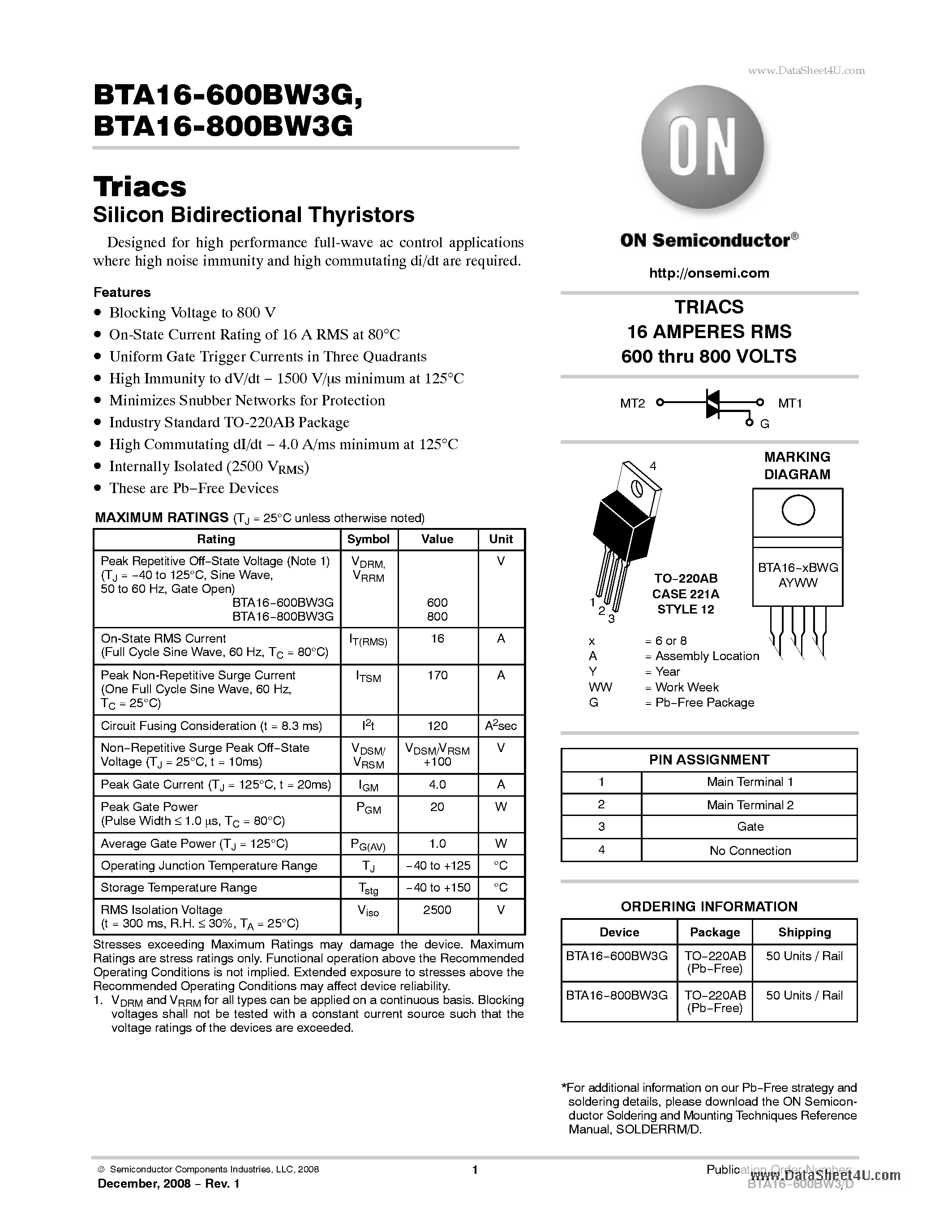 Datasheet BTA16-600BW3G - Triacs Silicon Bidirectional Thyristors page 1