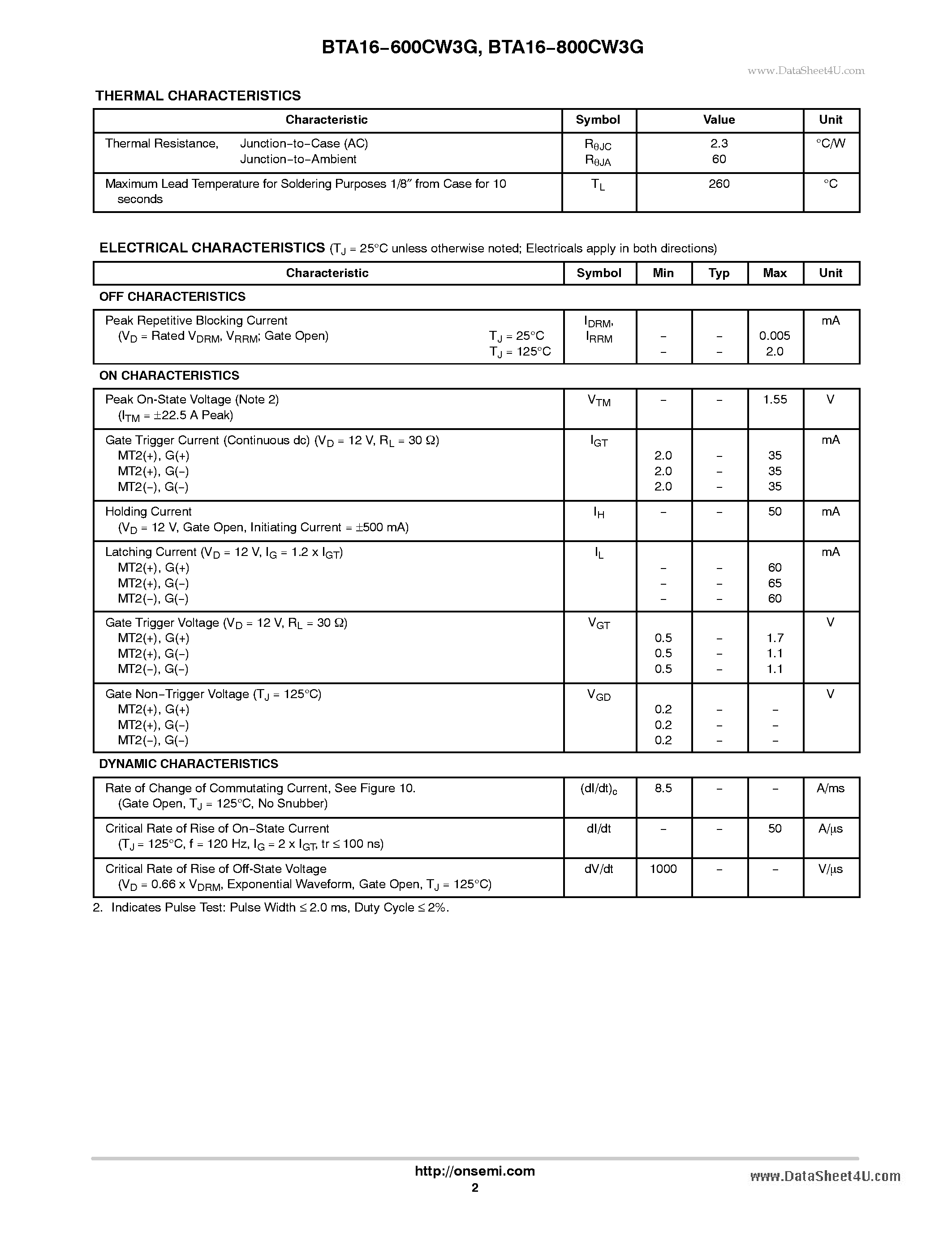 Datasheet BTA16-600CW3G - Triacs Silicon Bidirectional Thyristors page 2