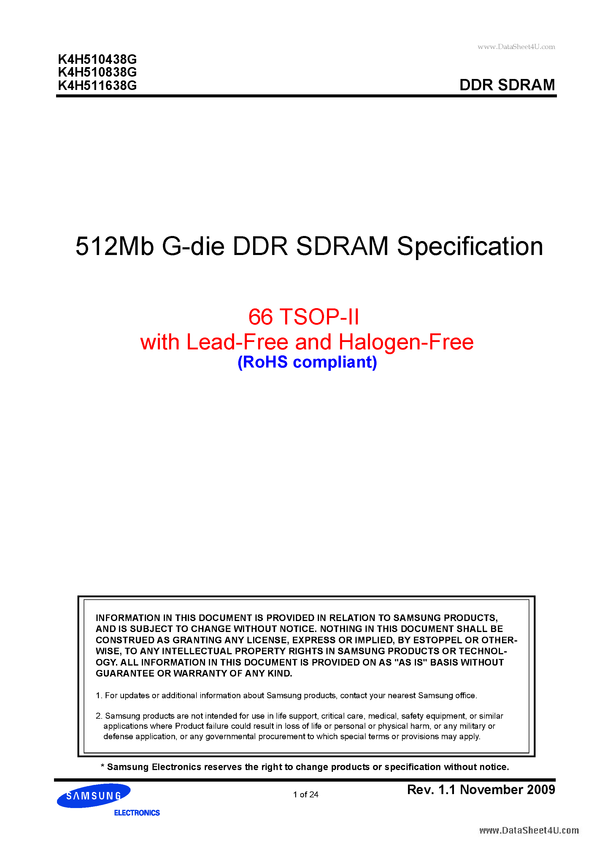 Даташит K4H510438G - 512Mb G-die DDR SDRAM Specification страница 1