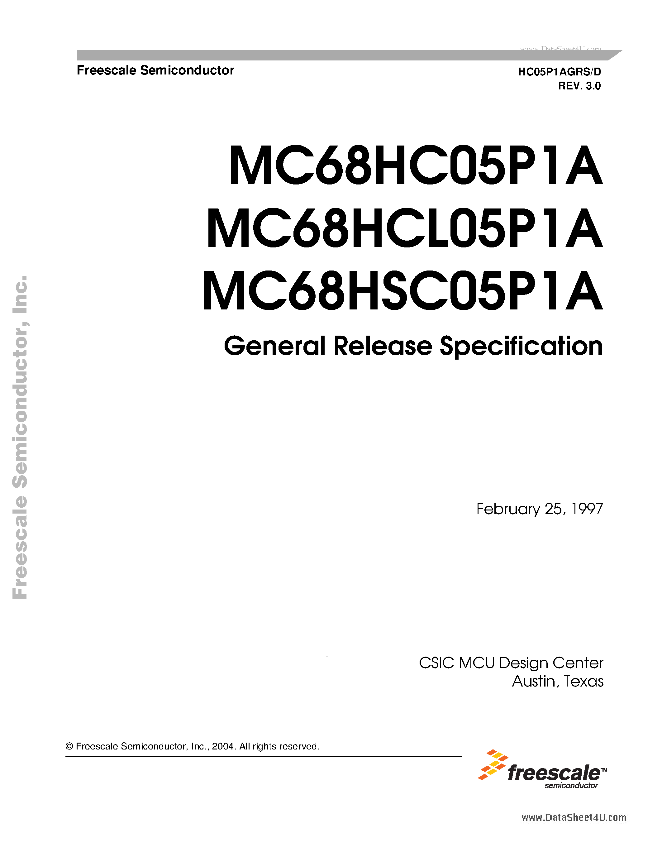 Datasheet MC68HC05P1A - General Release Specification page 1