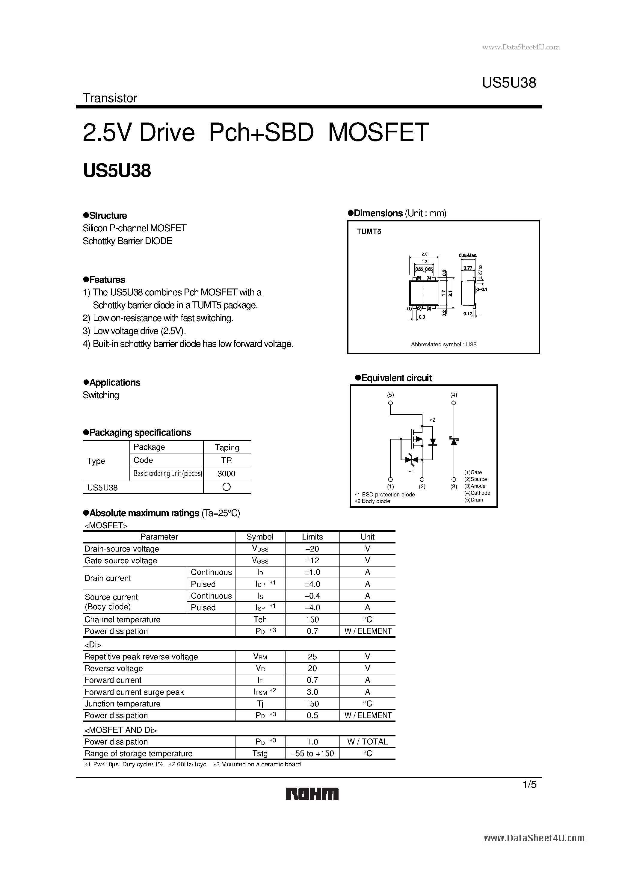 Даташит US5U38 - 2.5V Drive Pch+SBD MOSFET страница 1