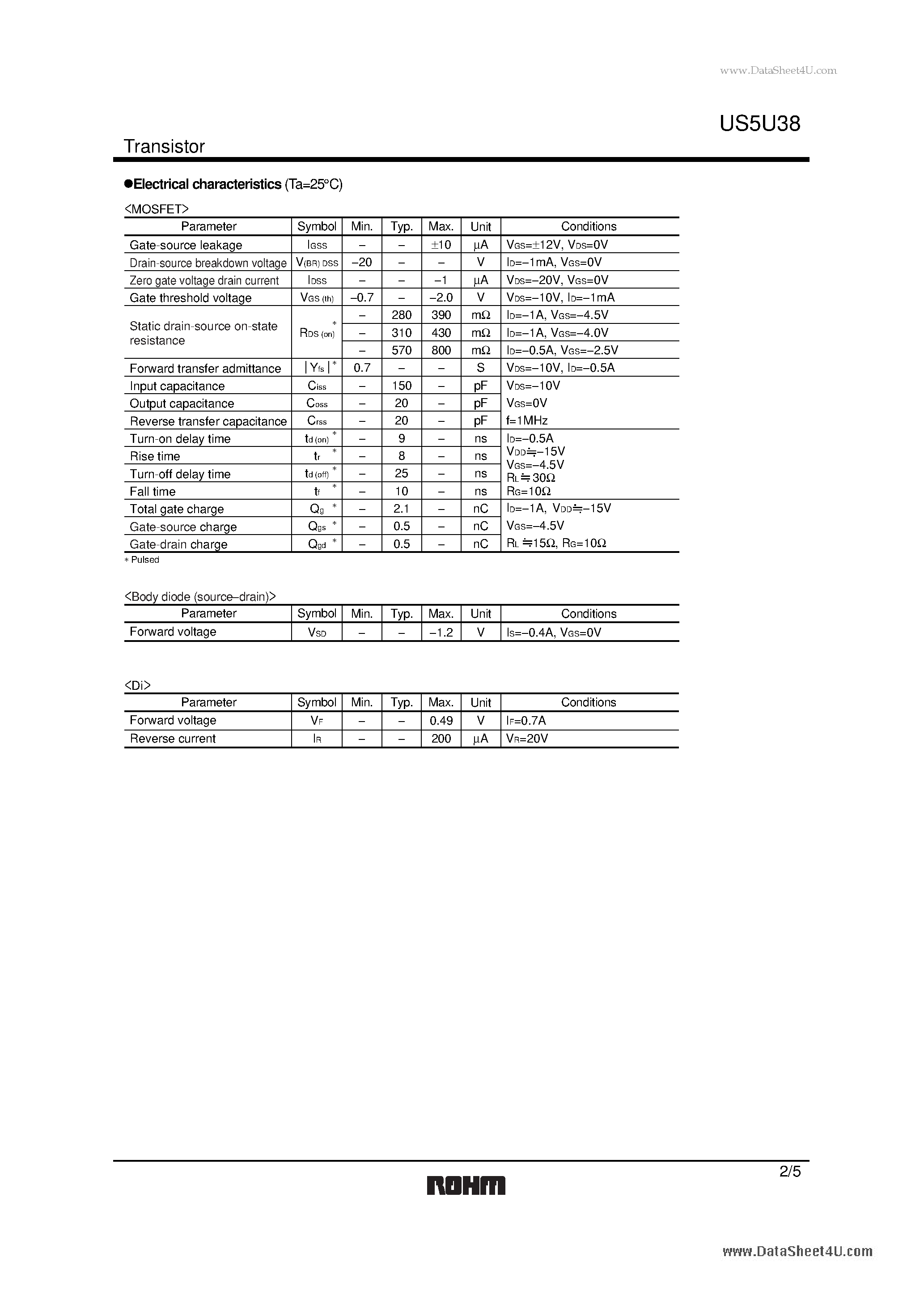 Даташит US5U38 - 2.5V Drive Pch+SBD MOSFET страница 2