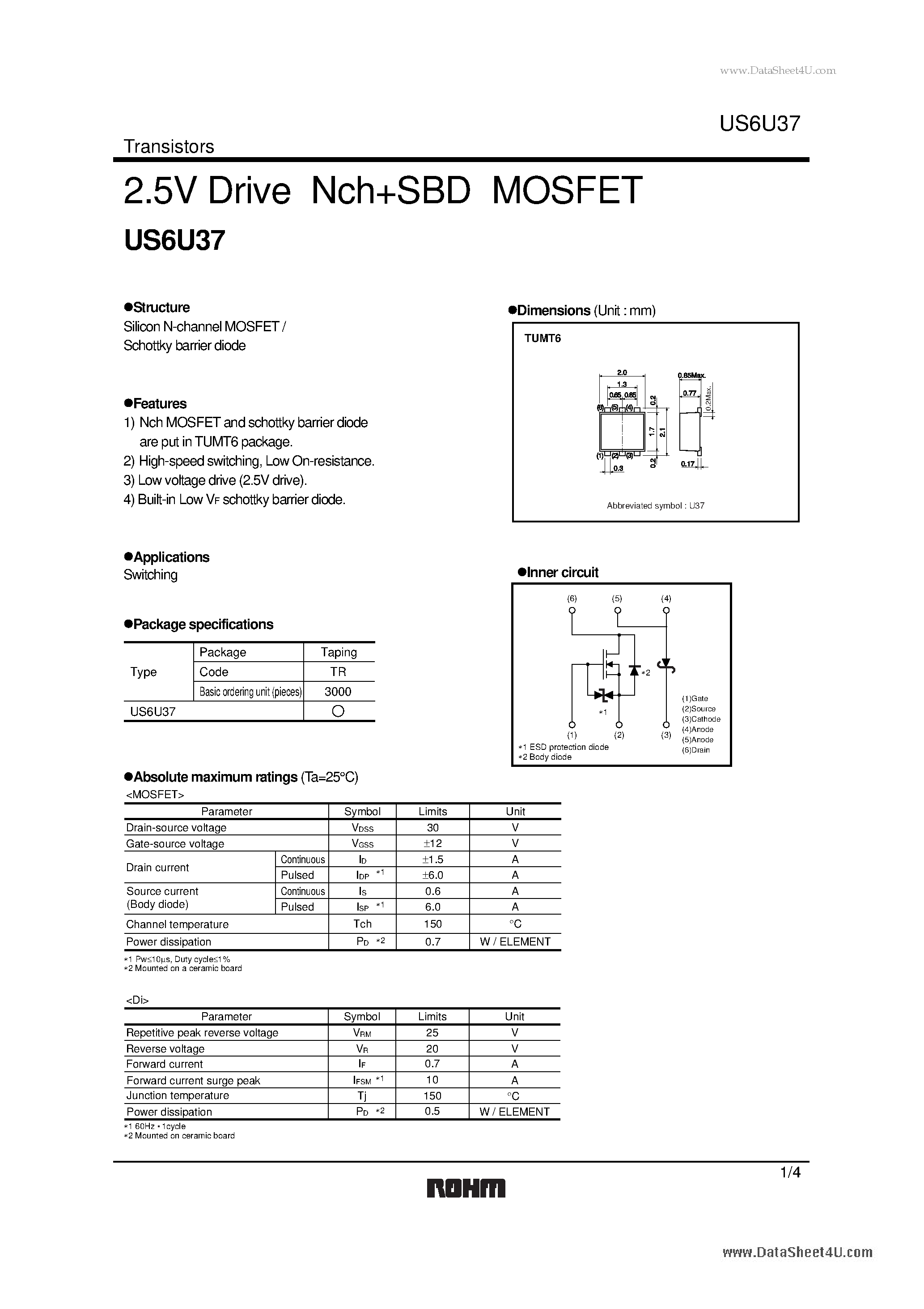 Даташит US6U37 - 2.5V Drive Pch+SBD MOSFET страница 1