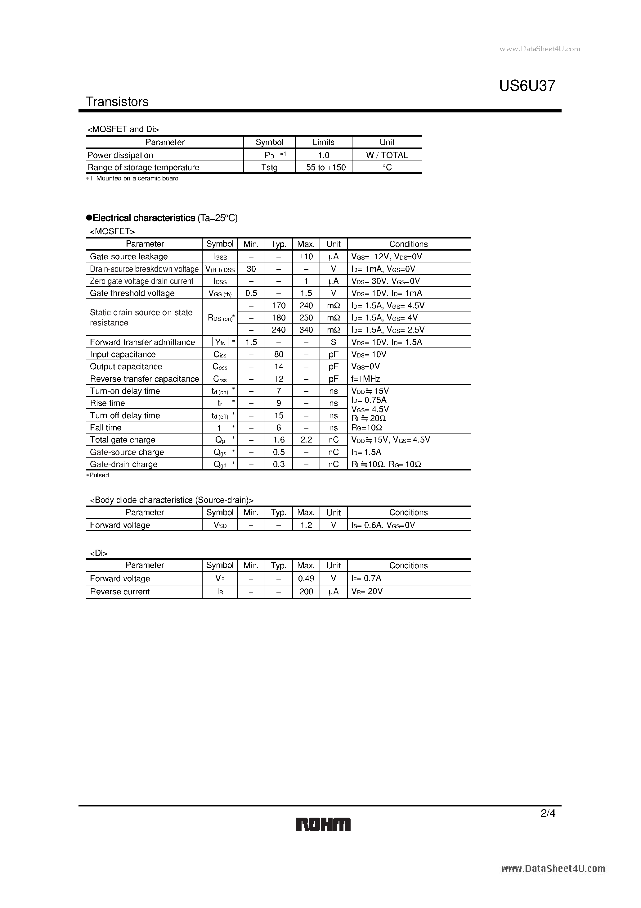 Даташит US6U37 - 2.5V Drive Pch+SBD MOSFET страница 2