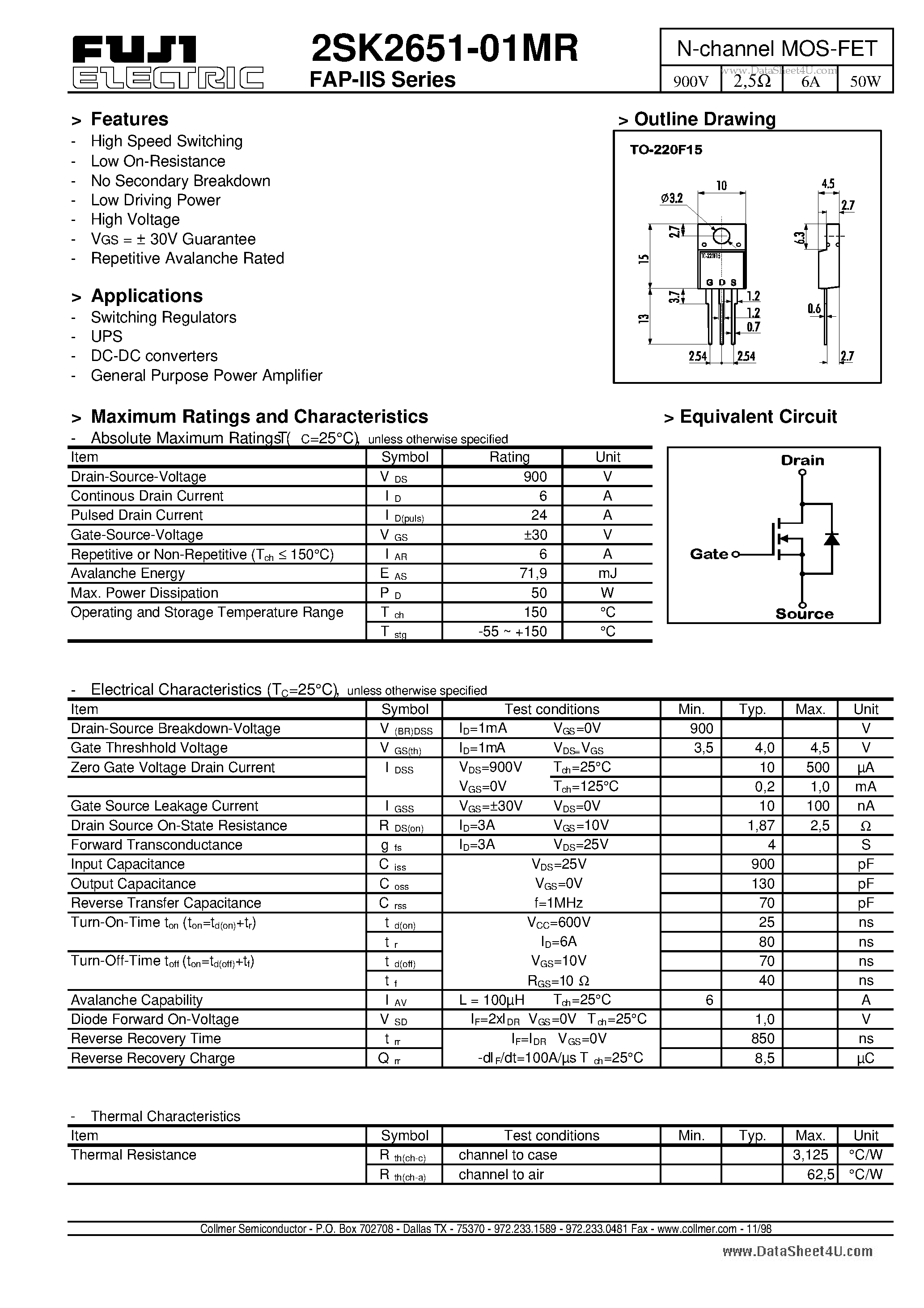 Datasheet K2651-01MR - Search -----> 2SK2651-01MR page 1